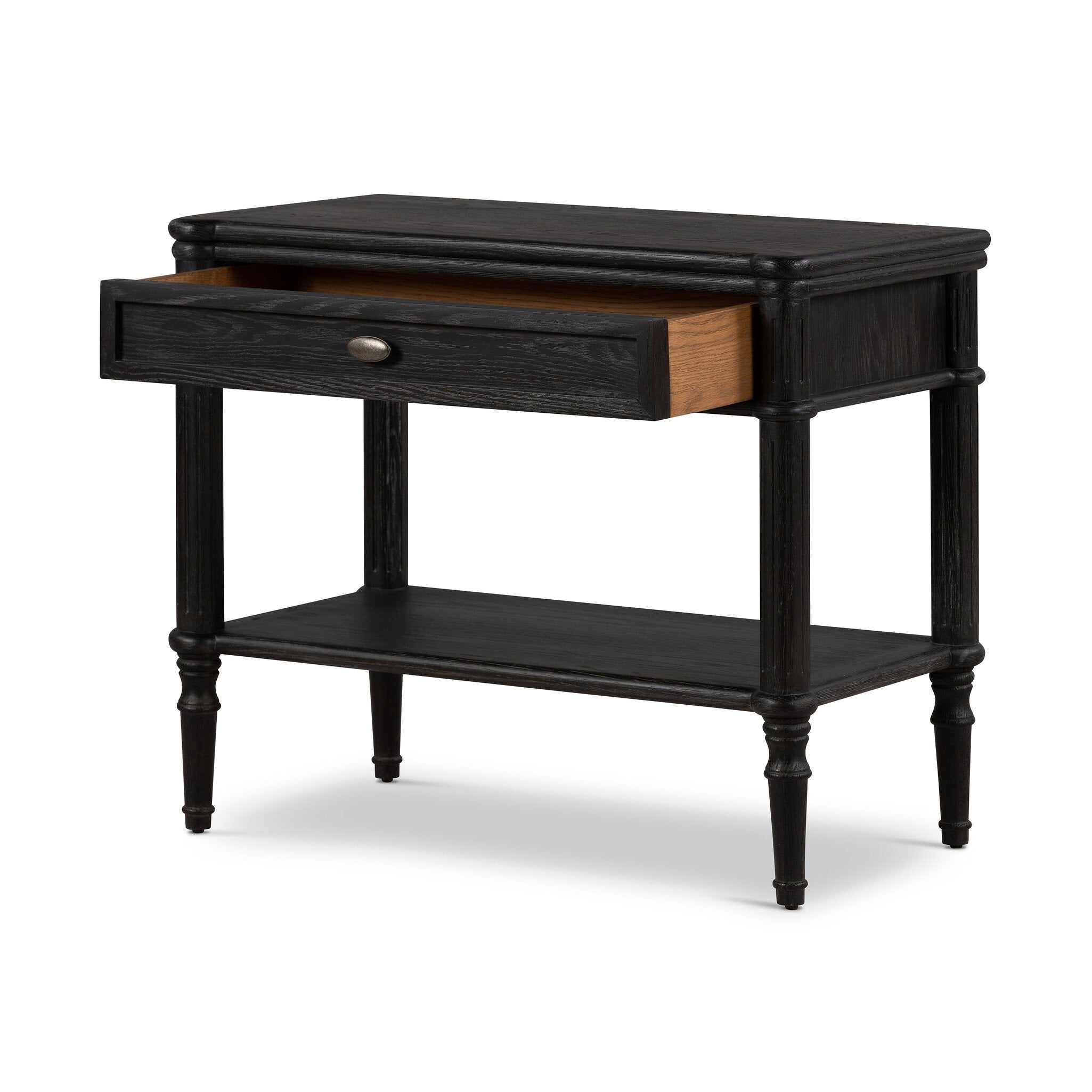 Distressed black oak nightstand with a drawer and a shelf on a white background.