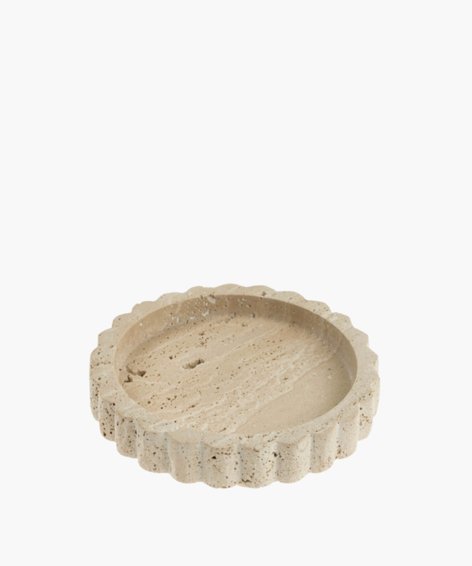 A round, beige stone tray with a scalloped edge design, featuring a textured surface. It conveys a natural, rustic aesthetic, ideal for home decor.
