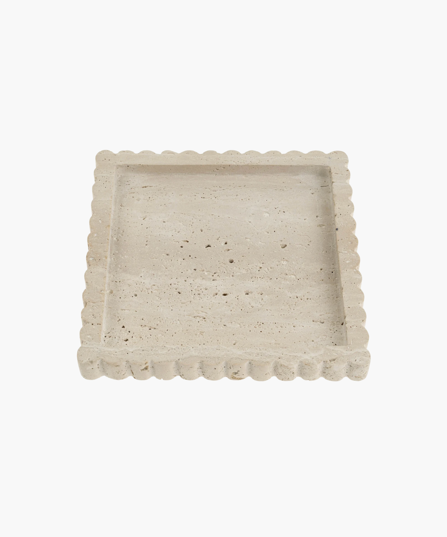 Square beige stone tray with a scalloped edge. The surface is textured with natural imperfections, conveying a rustic, elegant tone.