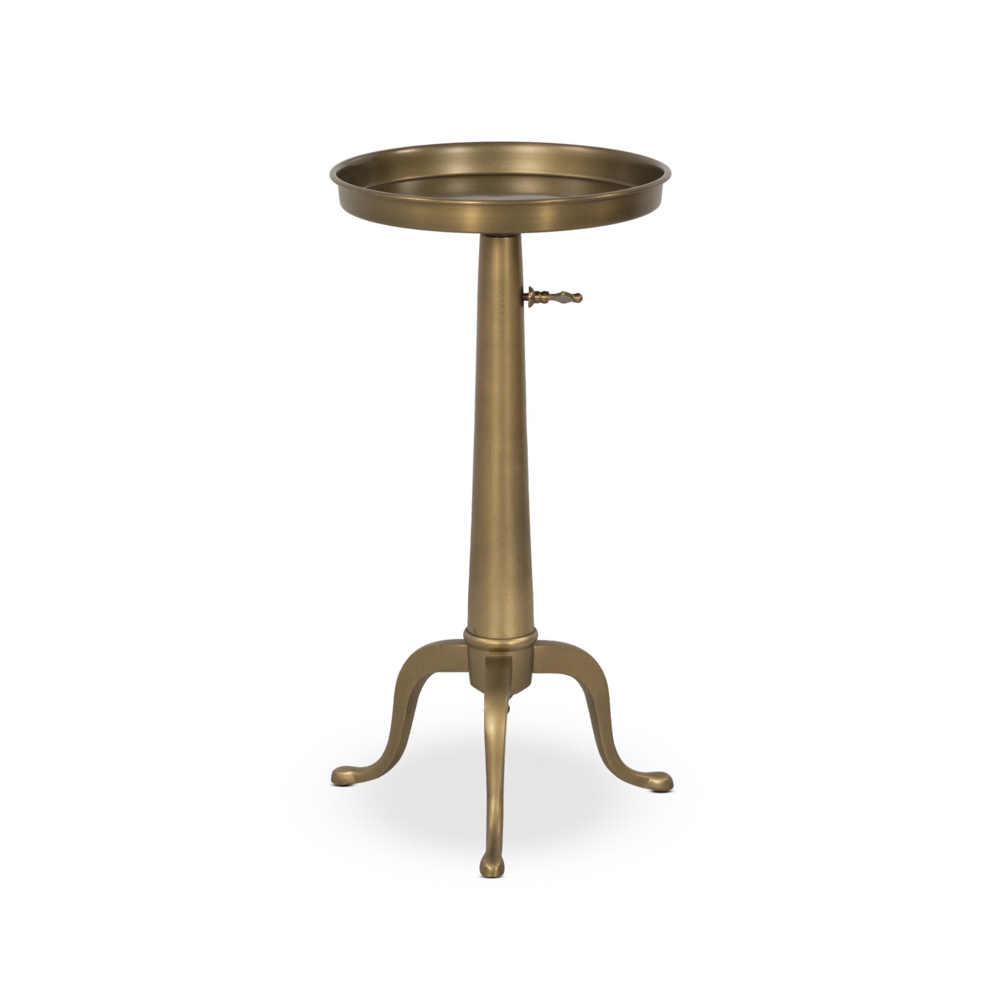 Solid brass end table with a dark matte finish with a telescope post and tray style top on a white background. | Wildwood Home Co.
