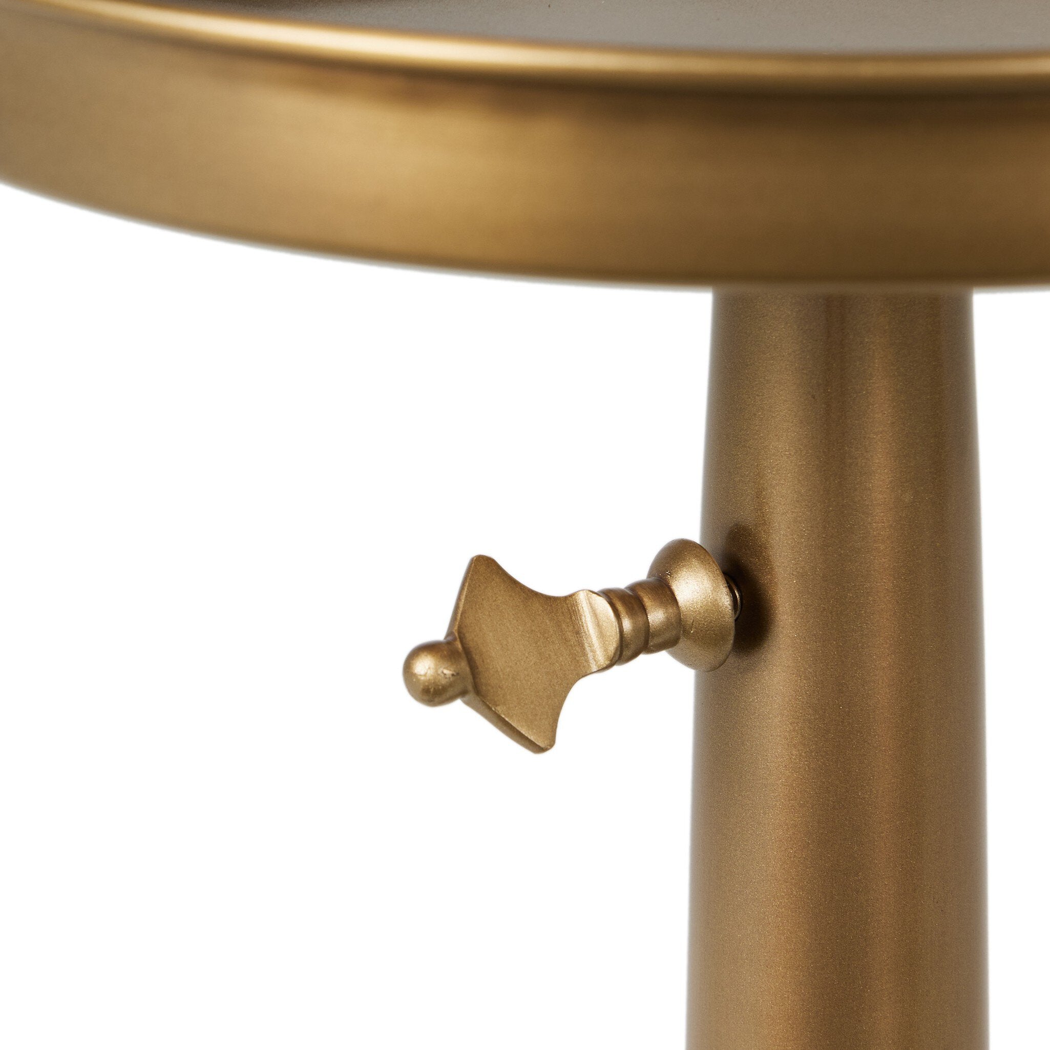 Close up view of a solid brass end table with a dark matte finish and a telescope post on a white background.