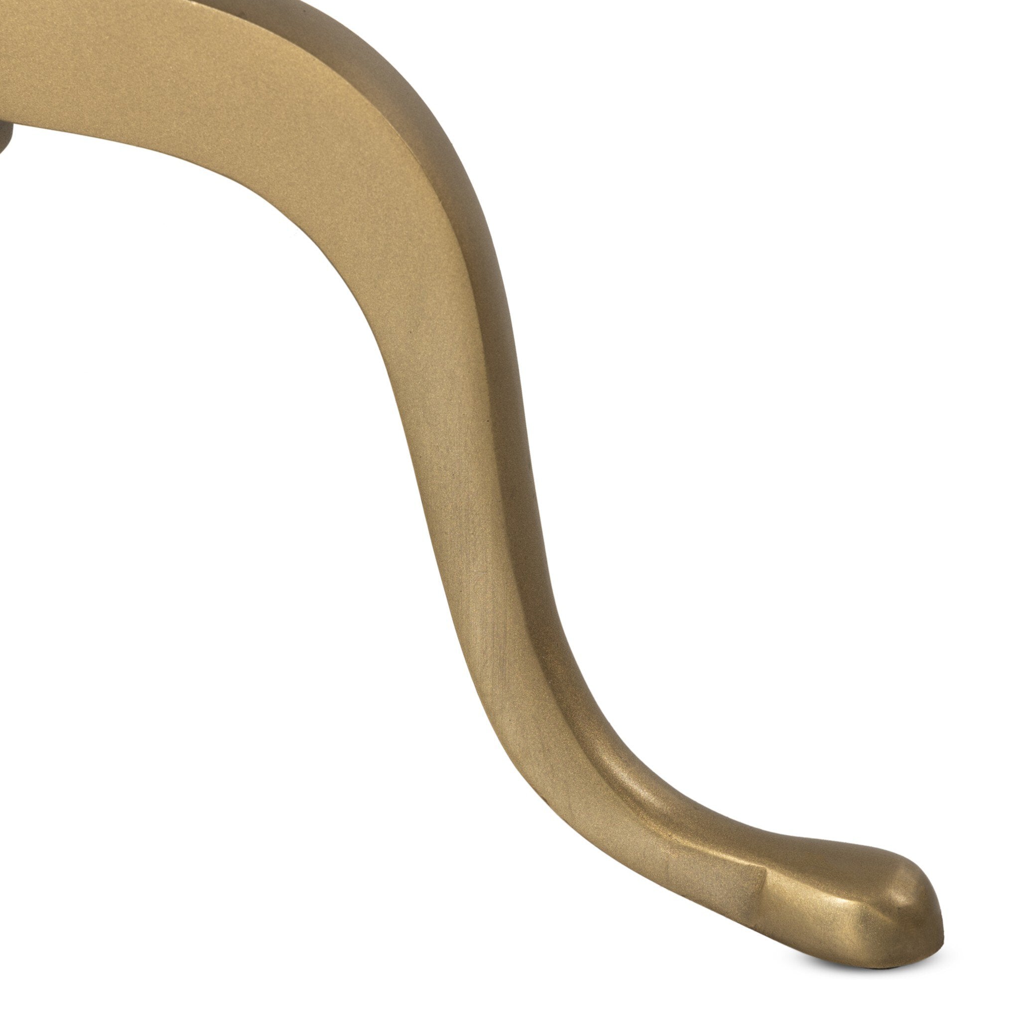 Close up view of a solid brass end table with a dark matte finish and a telescope post and tripod style feet on a white background.