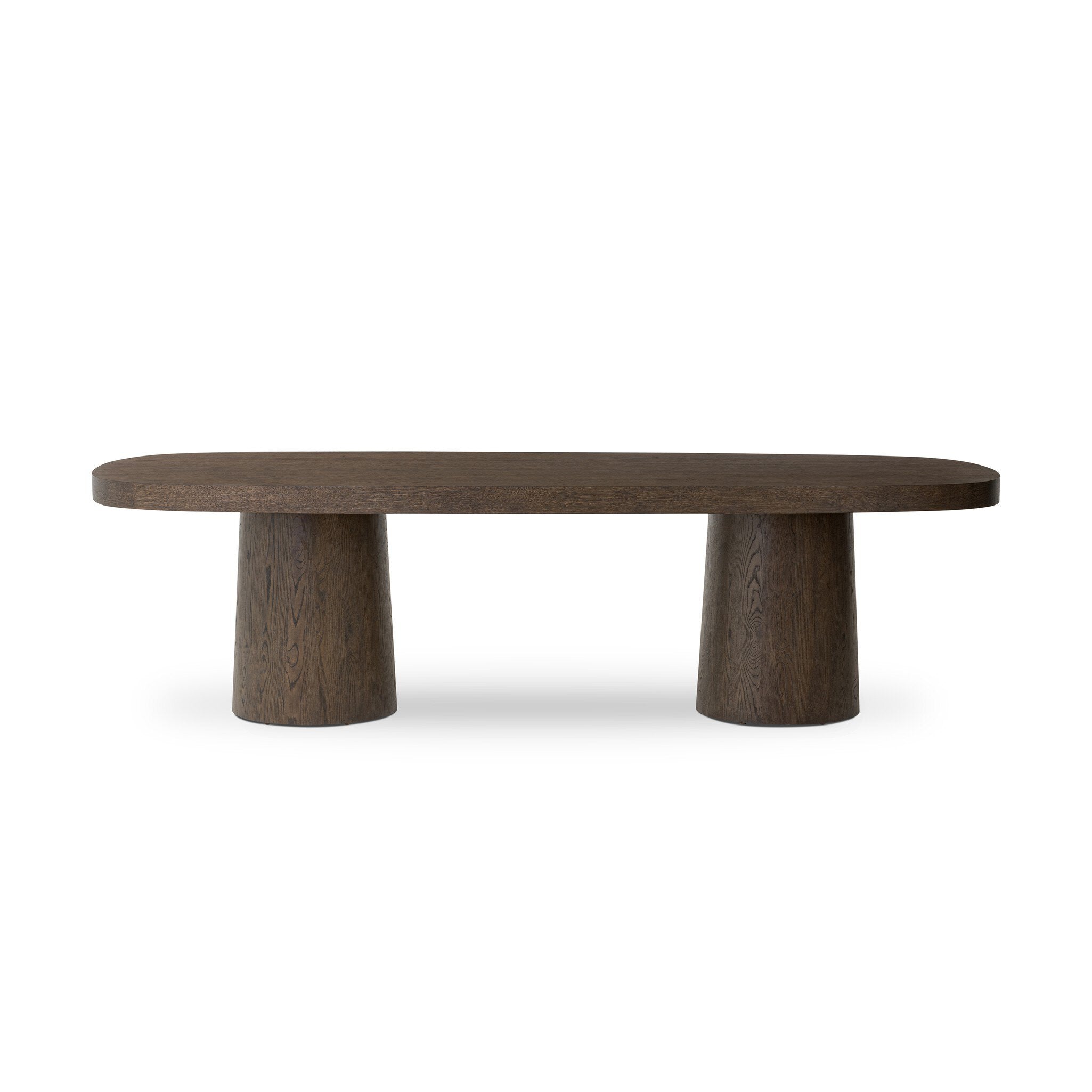Wooden dining table with two cylindrical legs on a white background. | Wildwood Home Co.