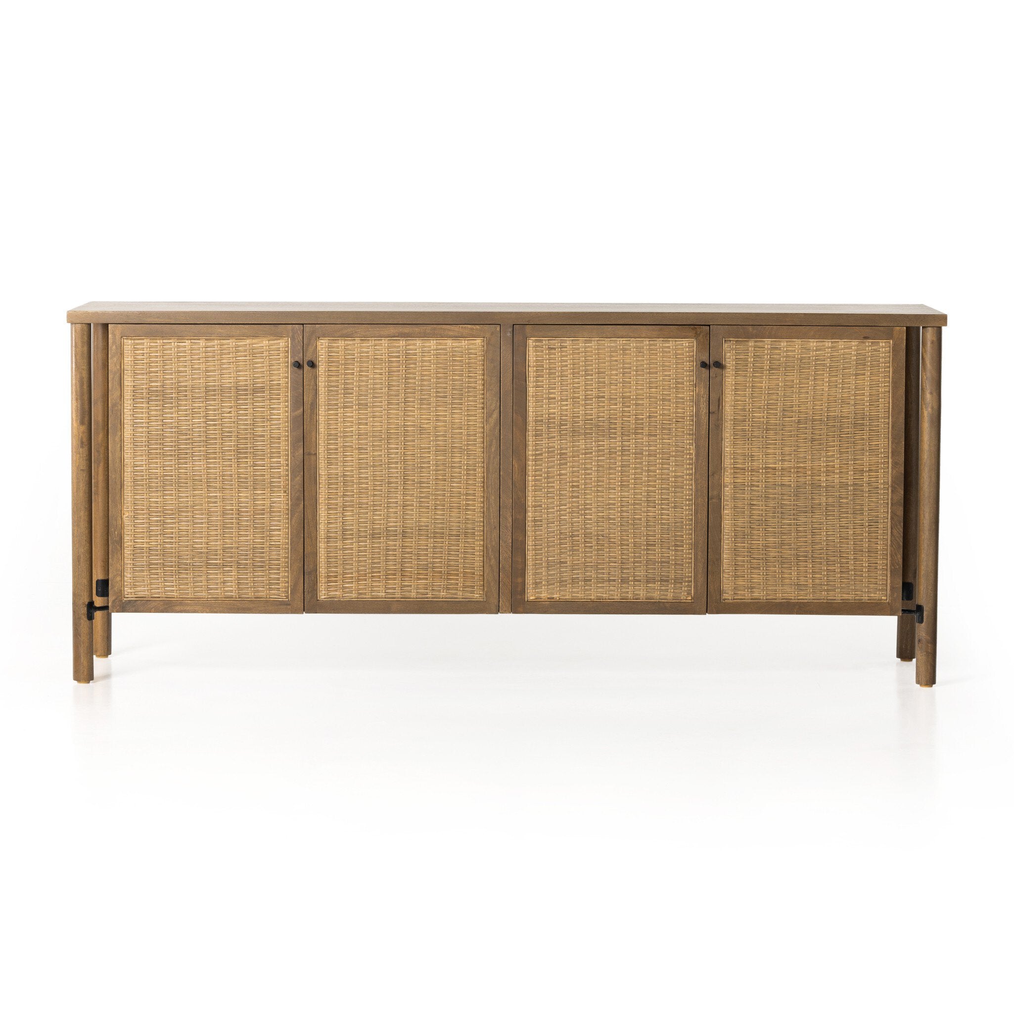 Wooden sideboard with rattan doors on a white background. | Wildwood Home Co.
