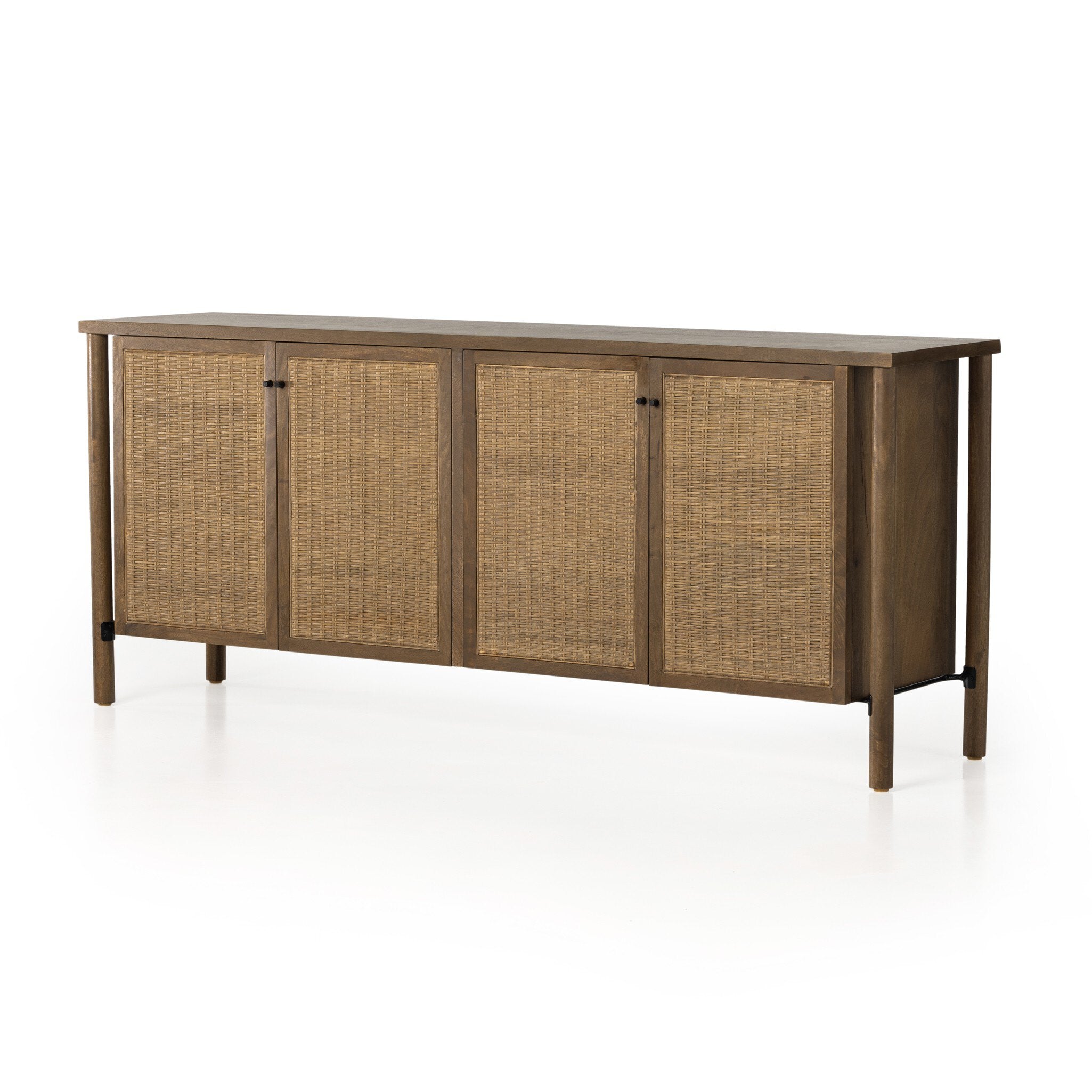 Wooden sideboard with wicker doors on a white background.