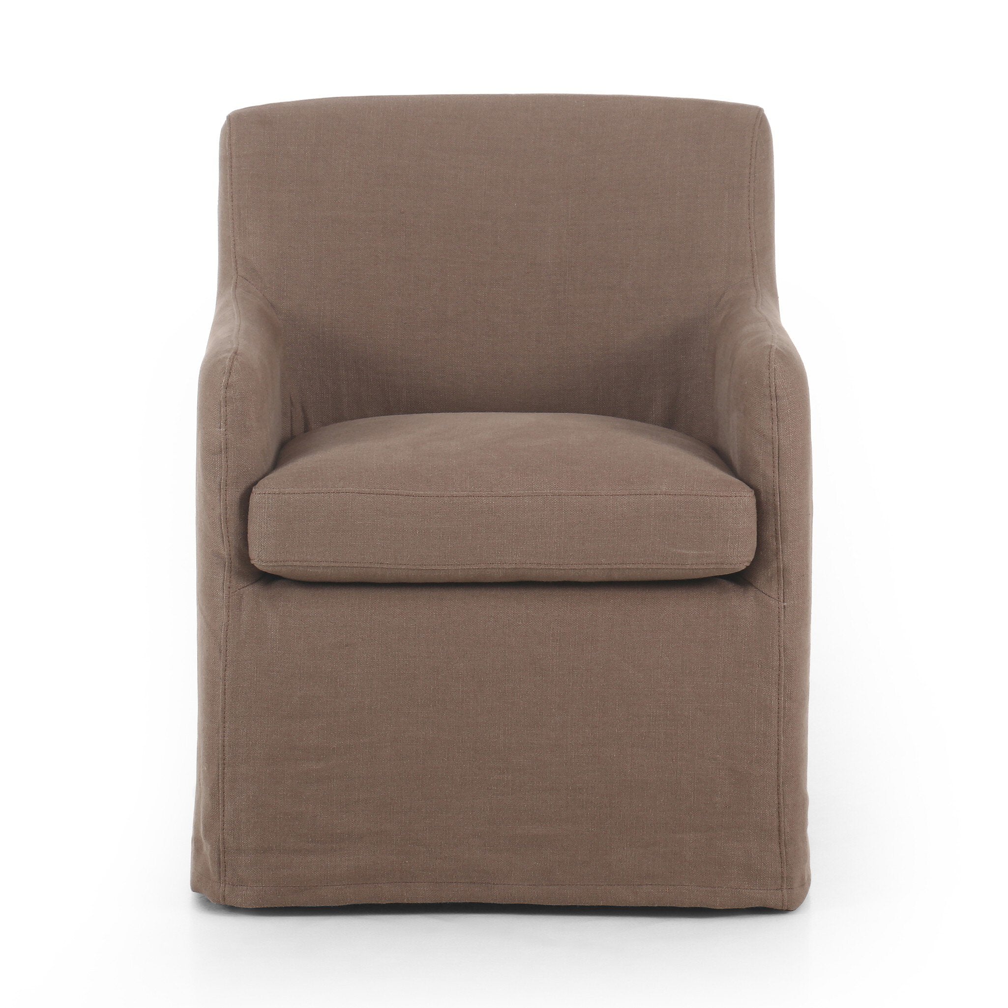 Slipcovered dining chair in an earthy mushroom brown hue with rounded arms on a white background. | Wildwood Home Co.