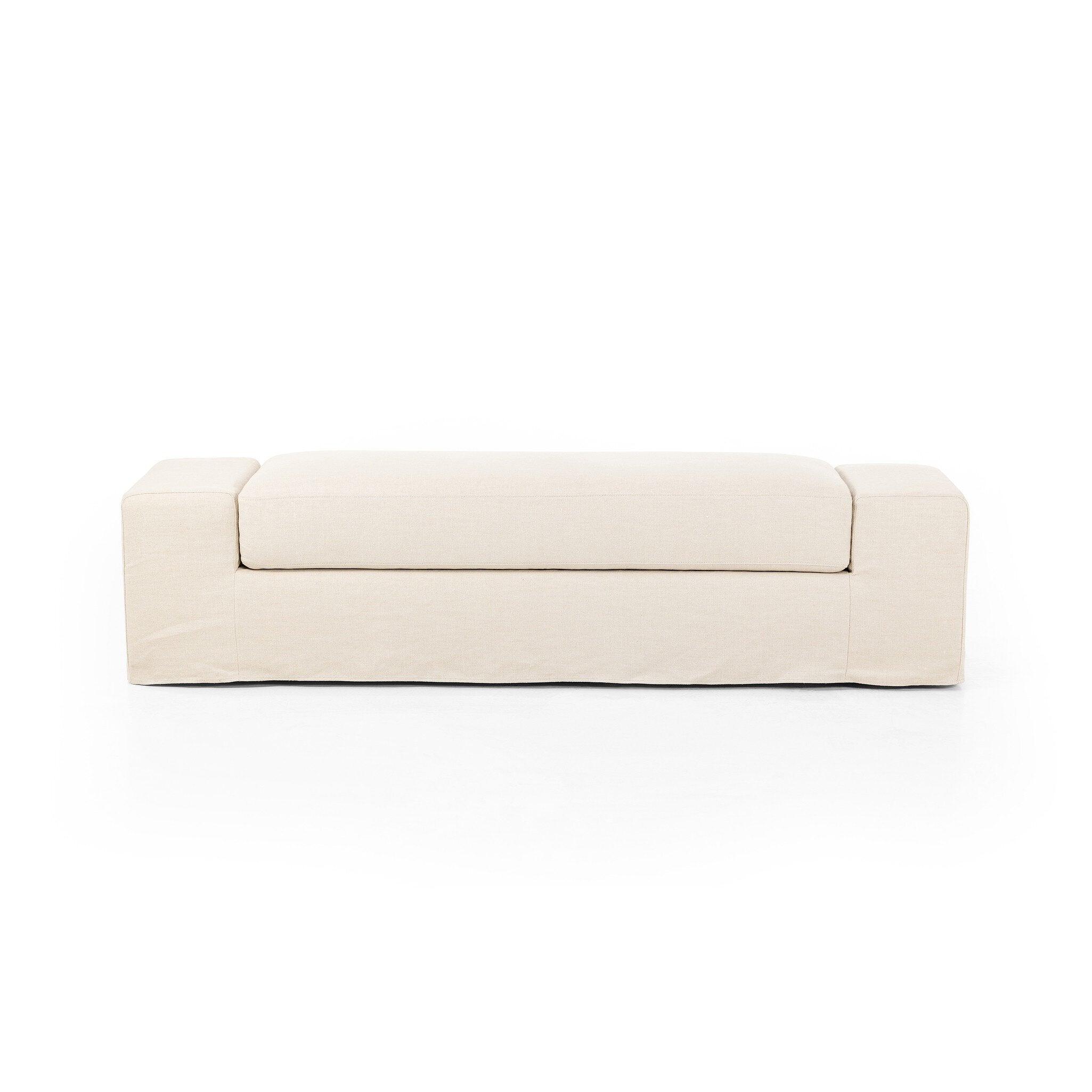 Ivory wide arm slipcover accent bench on a white background. | Wildwood Home Co.