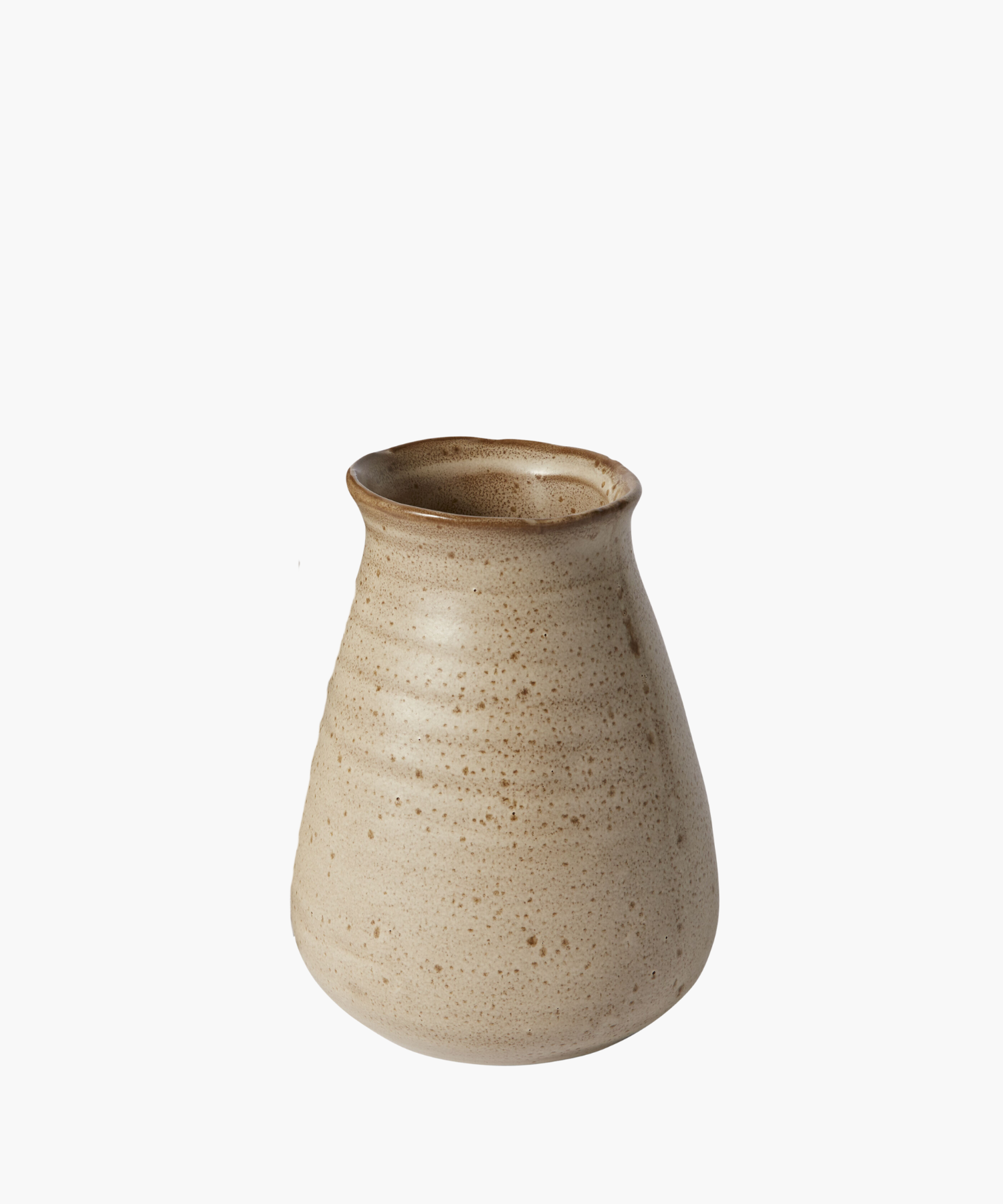 A beige pottery vase with a narrow top and speckled texture. The handcrafted design gives an earthy, rustic feel. Simple and elegant, against a white background. | Wildwood Home Co.