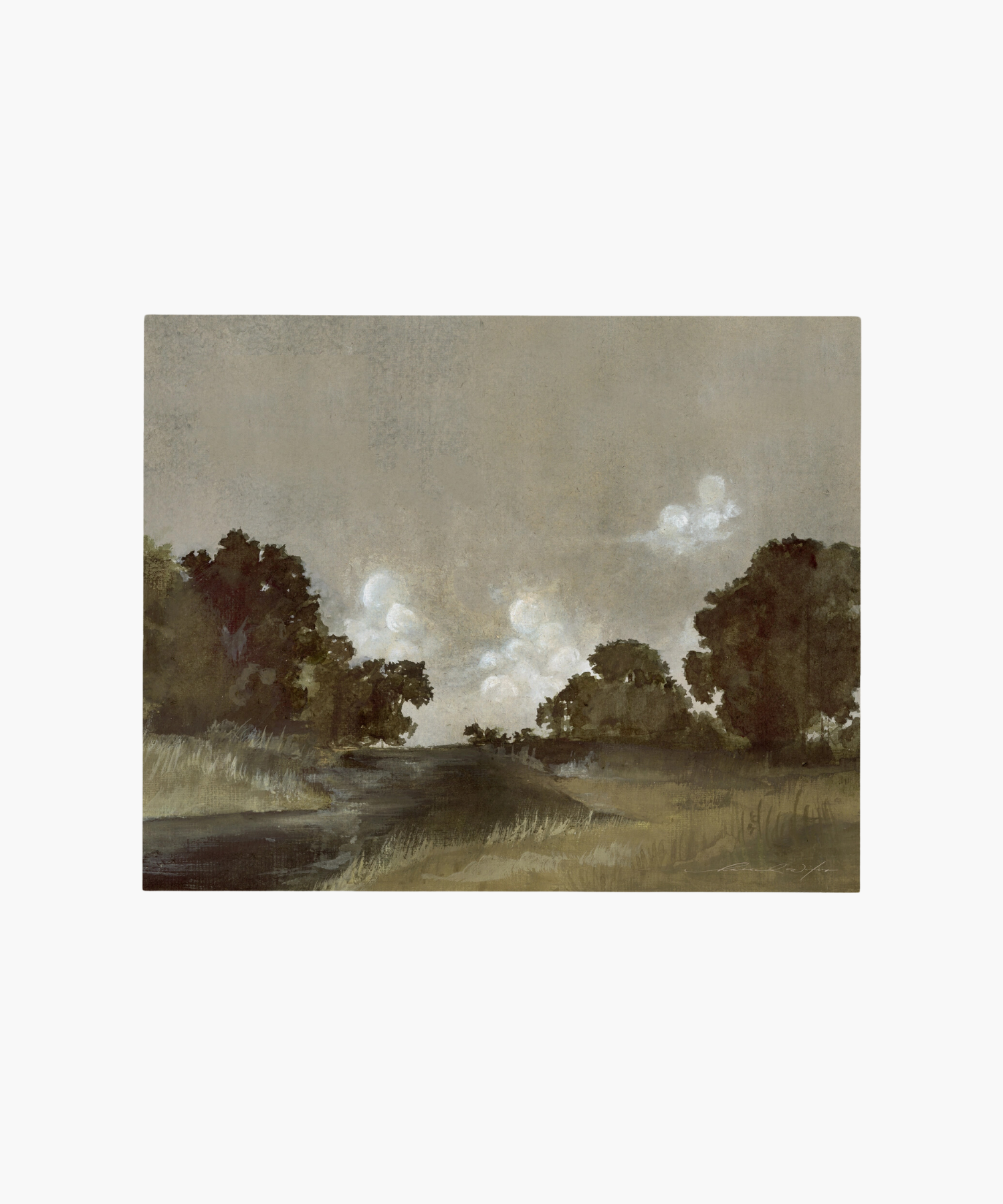 A serene landscape painting features a dirt path winding through grassy fields, surrounded by dark green trees. Puffy white clouds float in a muted sky. | Wildwood Home Co.