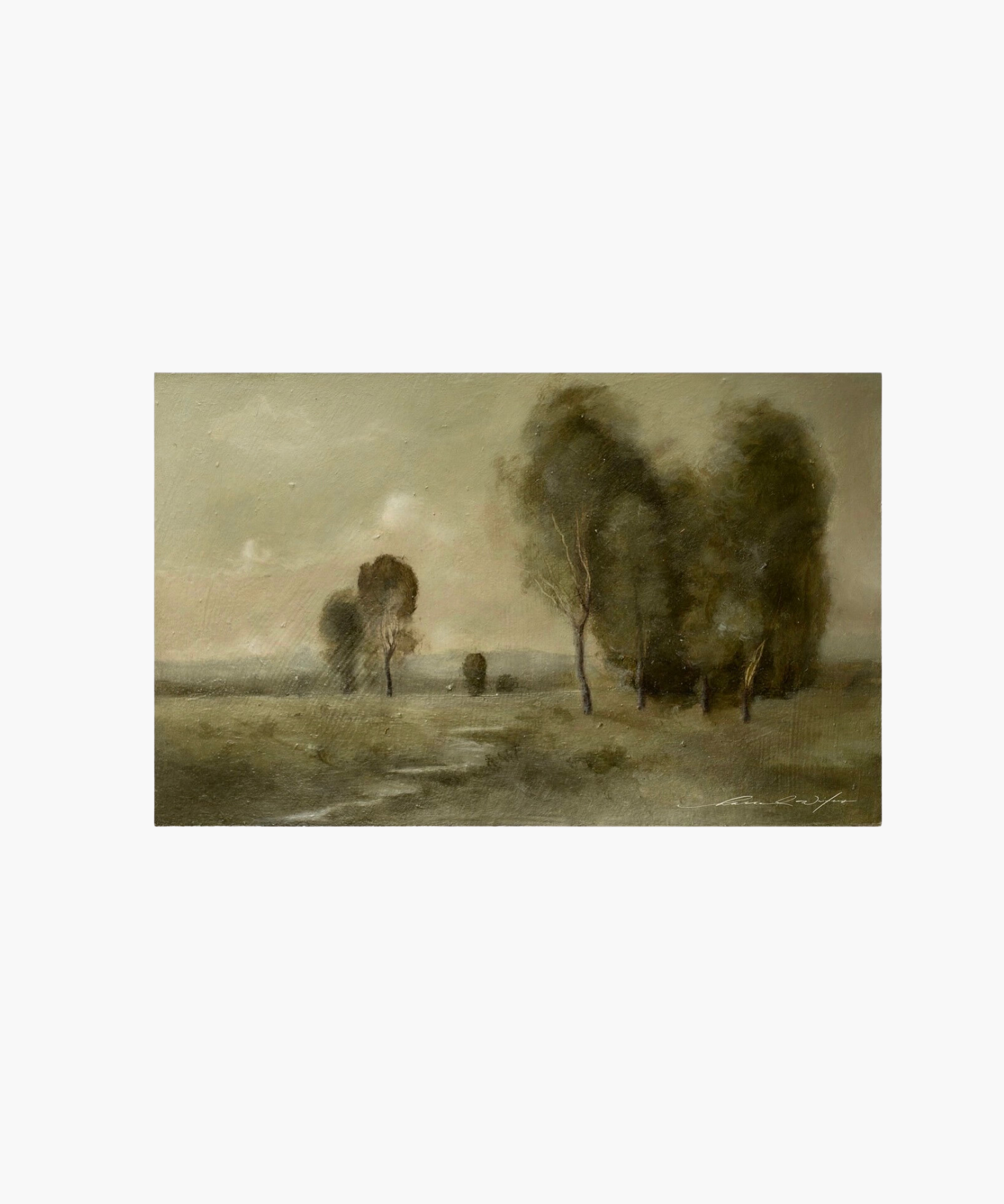 A serene landscape painting in muted tones features a grassy field with a winding path. Tall trees stand to the right under a cloudy sky, evoking tranquility.