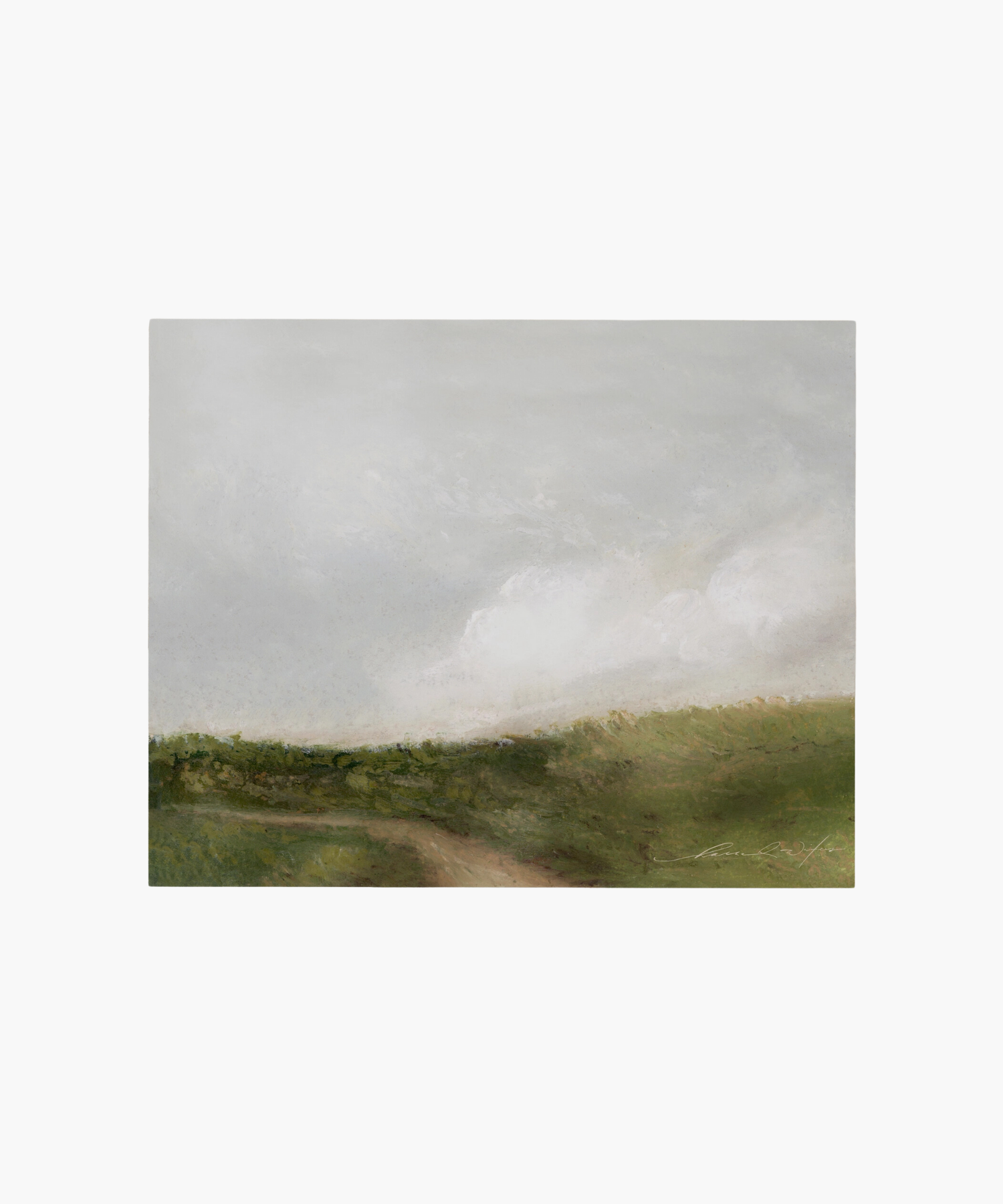 A serene landscape painting features a vast, muted green field under a cloudy gray sky. Soft brushstrokes create a calm and peaceful atmosphere. | Wildwood Home Co.