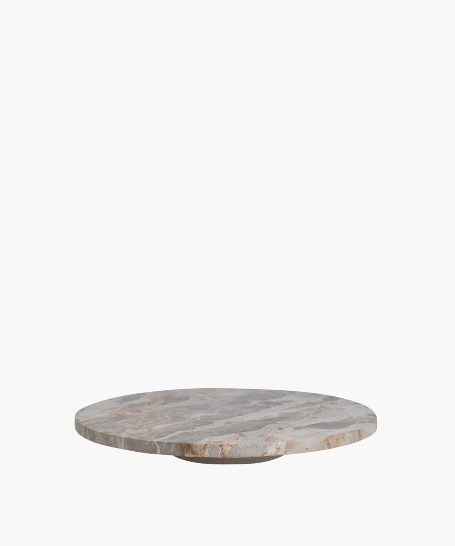 A round marble lazy susan with a smooth, polished surface featuring gray and beige veining. | Wildwood Home Co.
