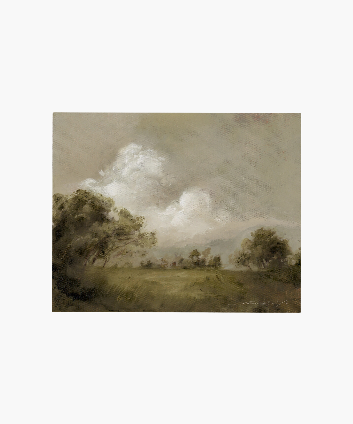 Soft, hazy landscape painting featuring open grassy fields, clusters of trees, and large billowing clouds under a muted, overcast sky.| Wildwood Home Co.