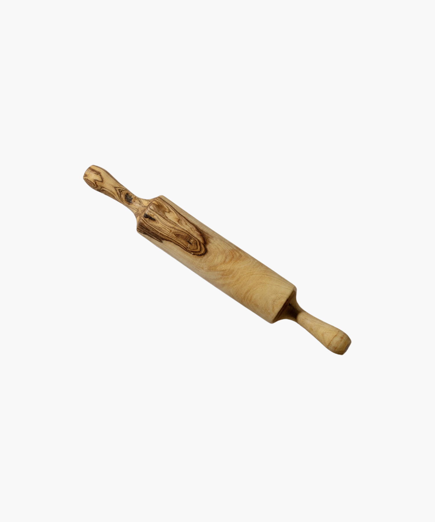 A wooden rolling pin with distinct dark grain patterns and smooth handles, set against a white background, conveying a rustic and natural aesthetic. | Wildwood Home Co.