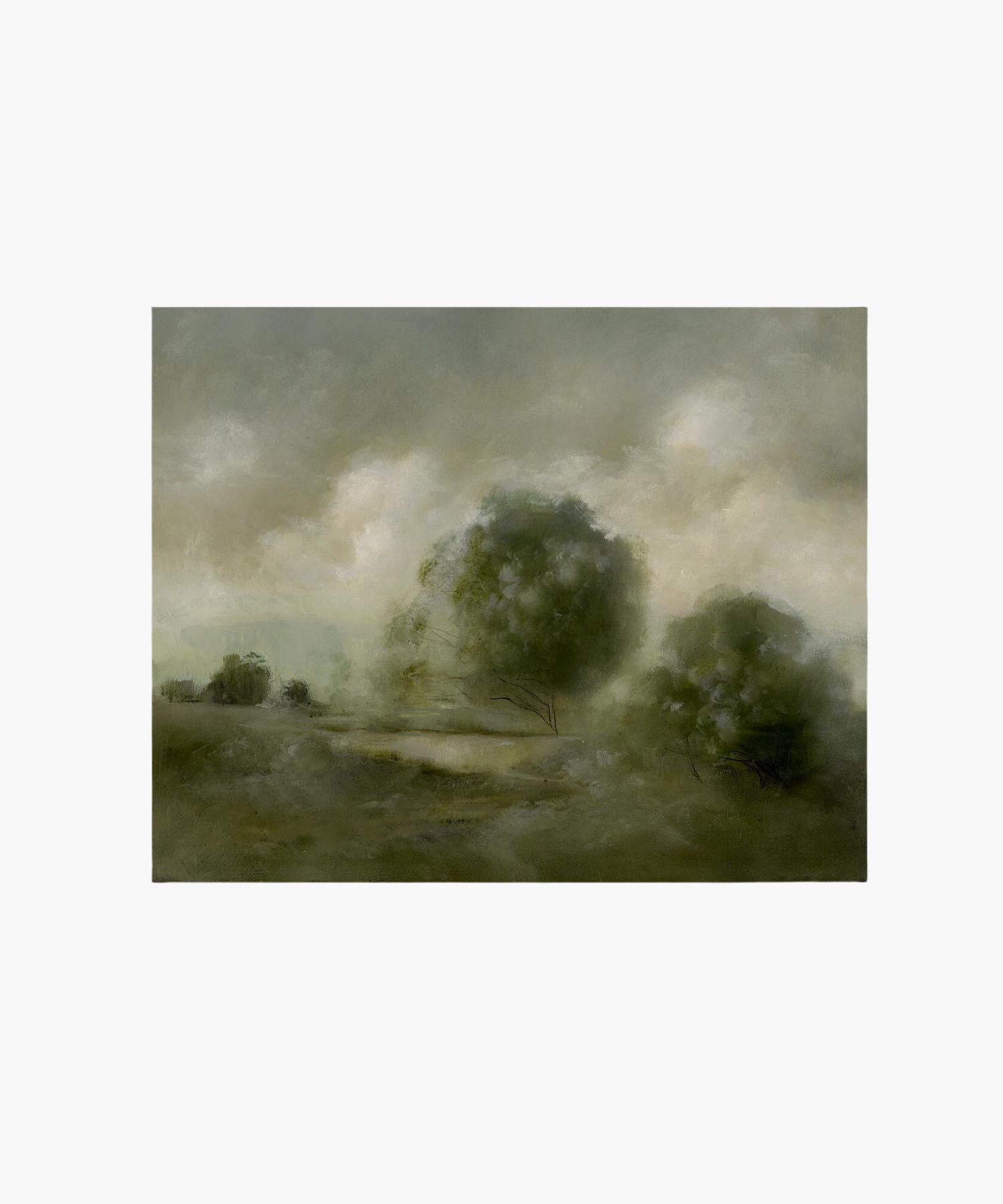 A soft, ethereal landscape painting depicts a foggy meadow with blurred trees. The muted green tones and hazy sky evoke a calm, serene atmosphere.