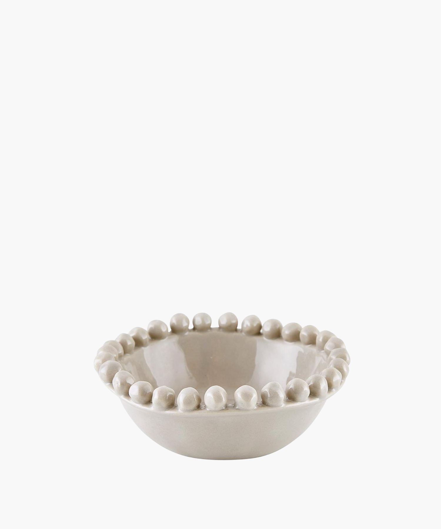 A grey ceramic bowl with a glossy finish, featuring a decorative rim of evenly spaced round knobs. The design is simple yet elegant, conveying minimalism. | Wildwood Home Co.