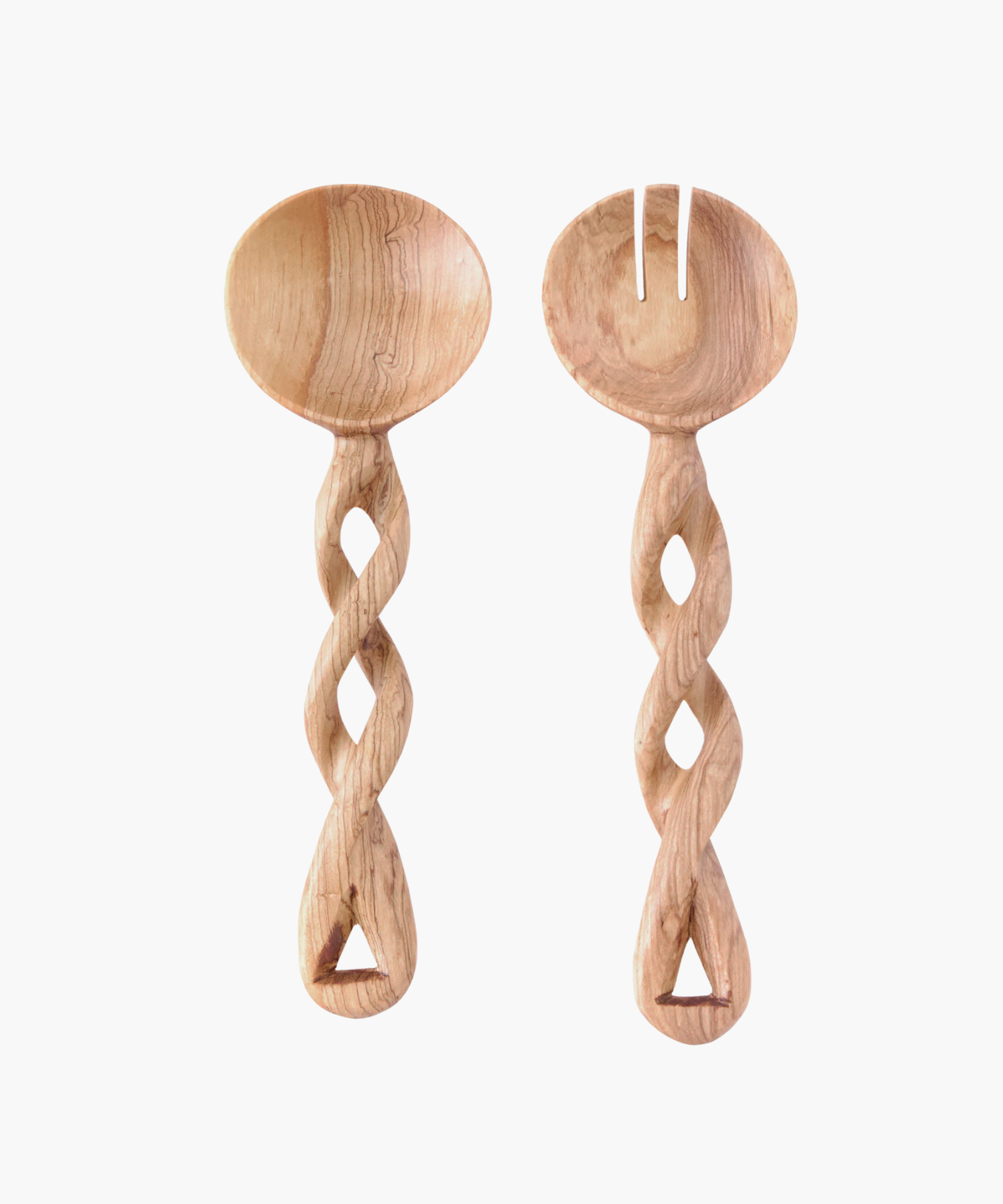 Two intricately carved wooden salad servers with twisted handles on a white background. One is a spoon, the other a fork. Warm, rustic tone. | Wildwood Home Co.