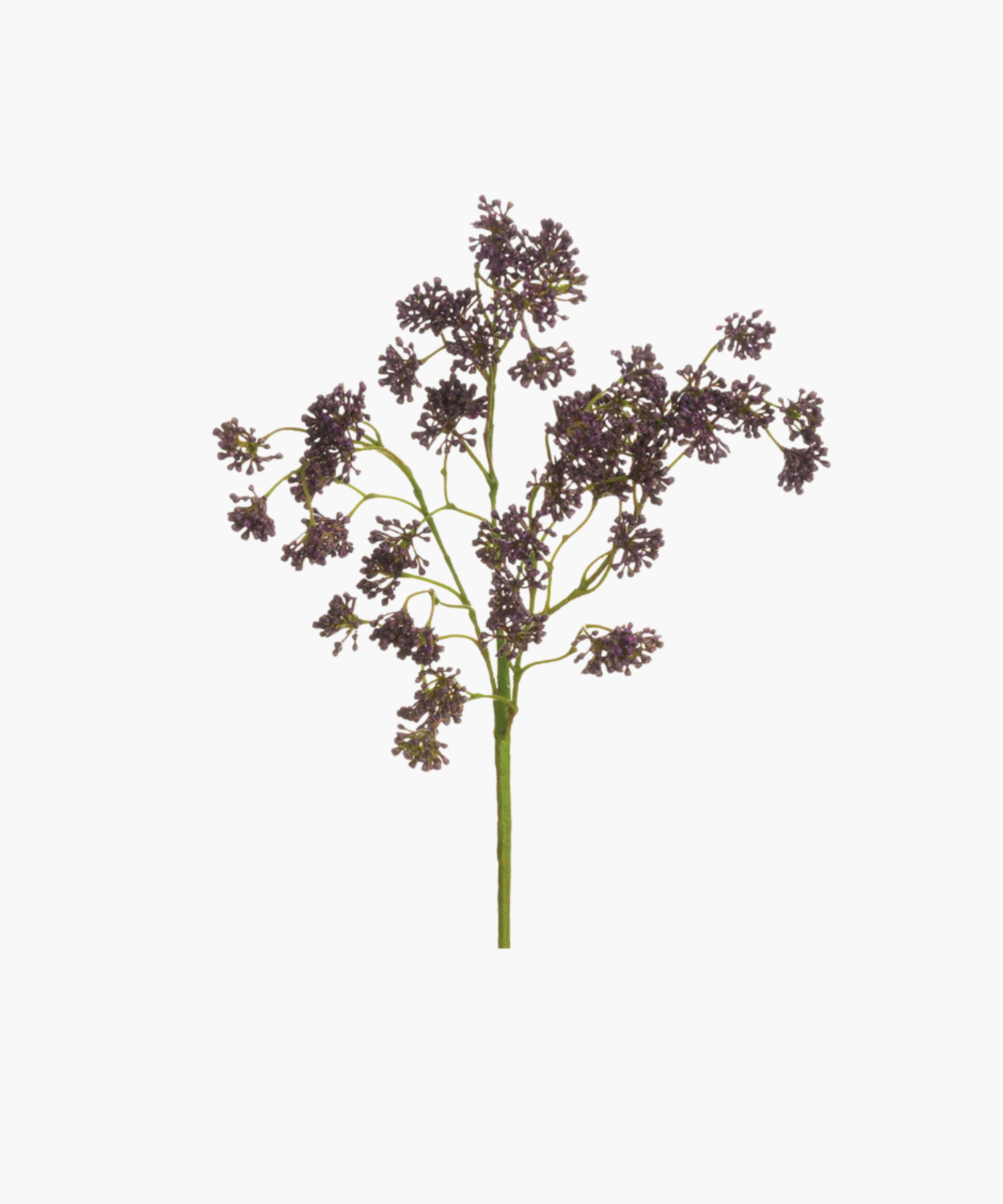 A delicate spray of artificial purple blossoms on slender green stems, arranged against a white background. The scene is simple and elegant.
