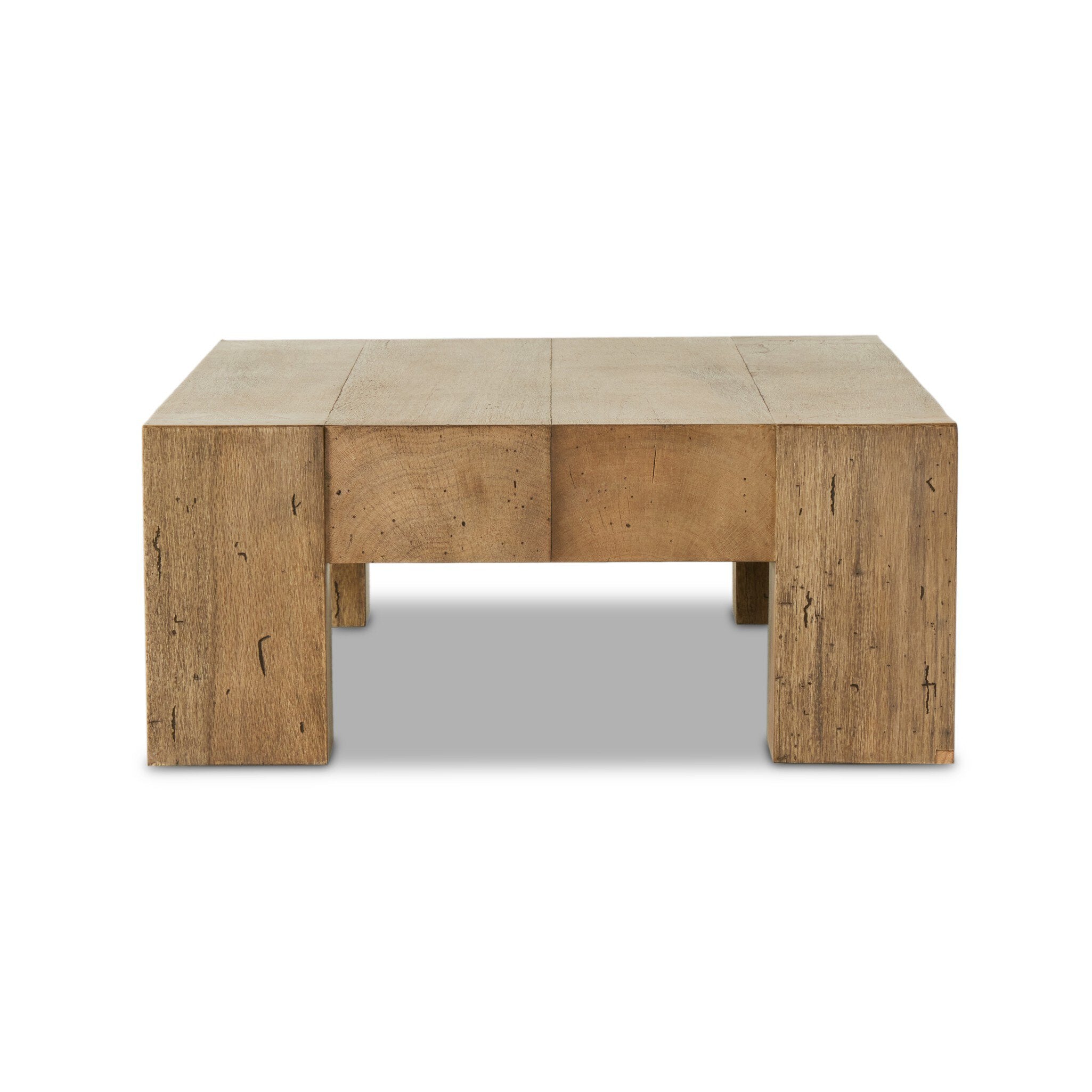 Side profile of a thick cut oak veneer coffee table on a white background.