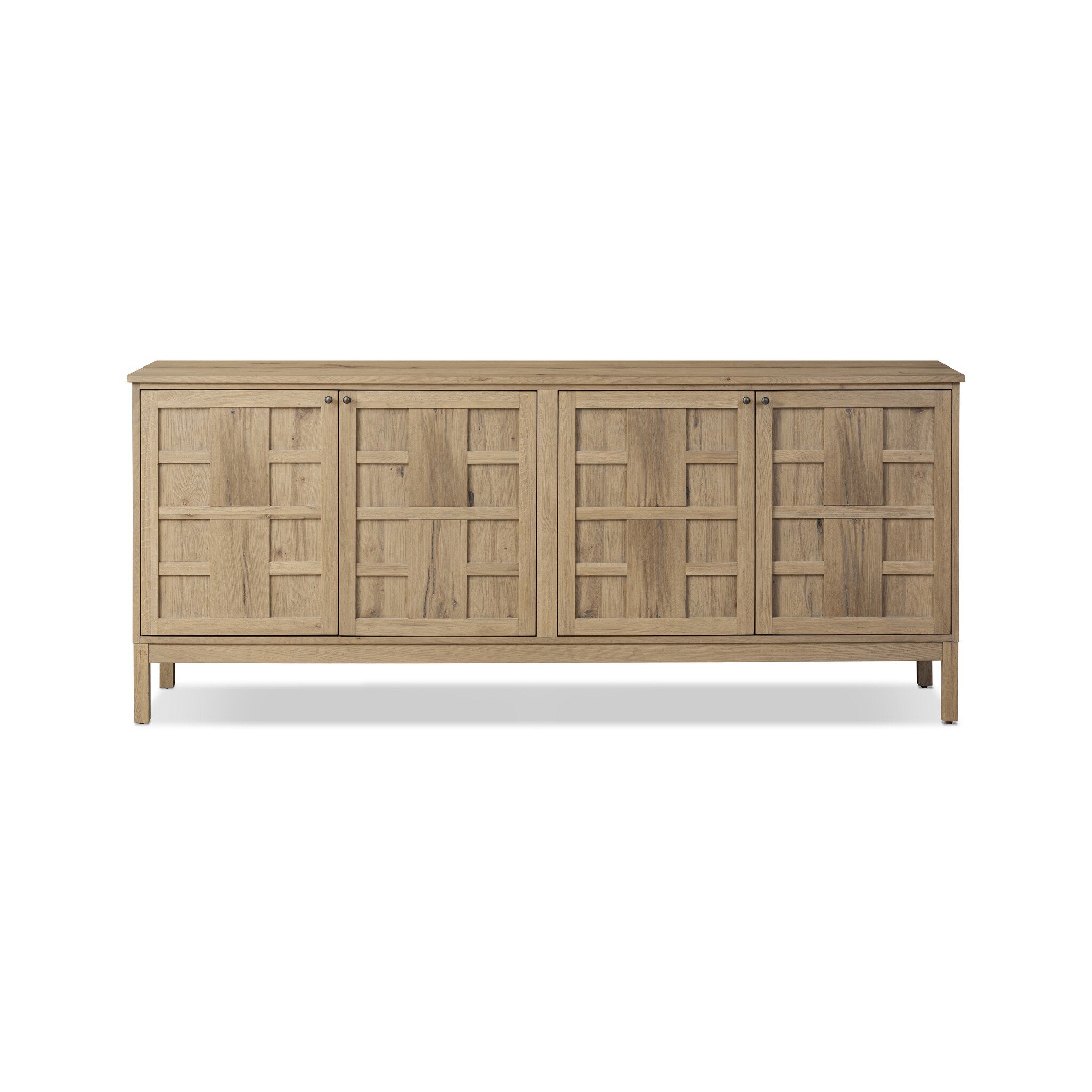 Wood Alessio sideboard with a grid like pattern on the doors on a white background. | Wildwood Home Co.