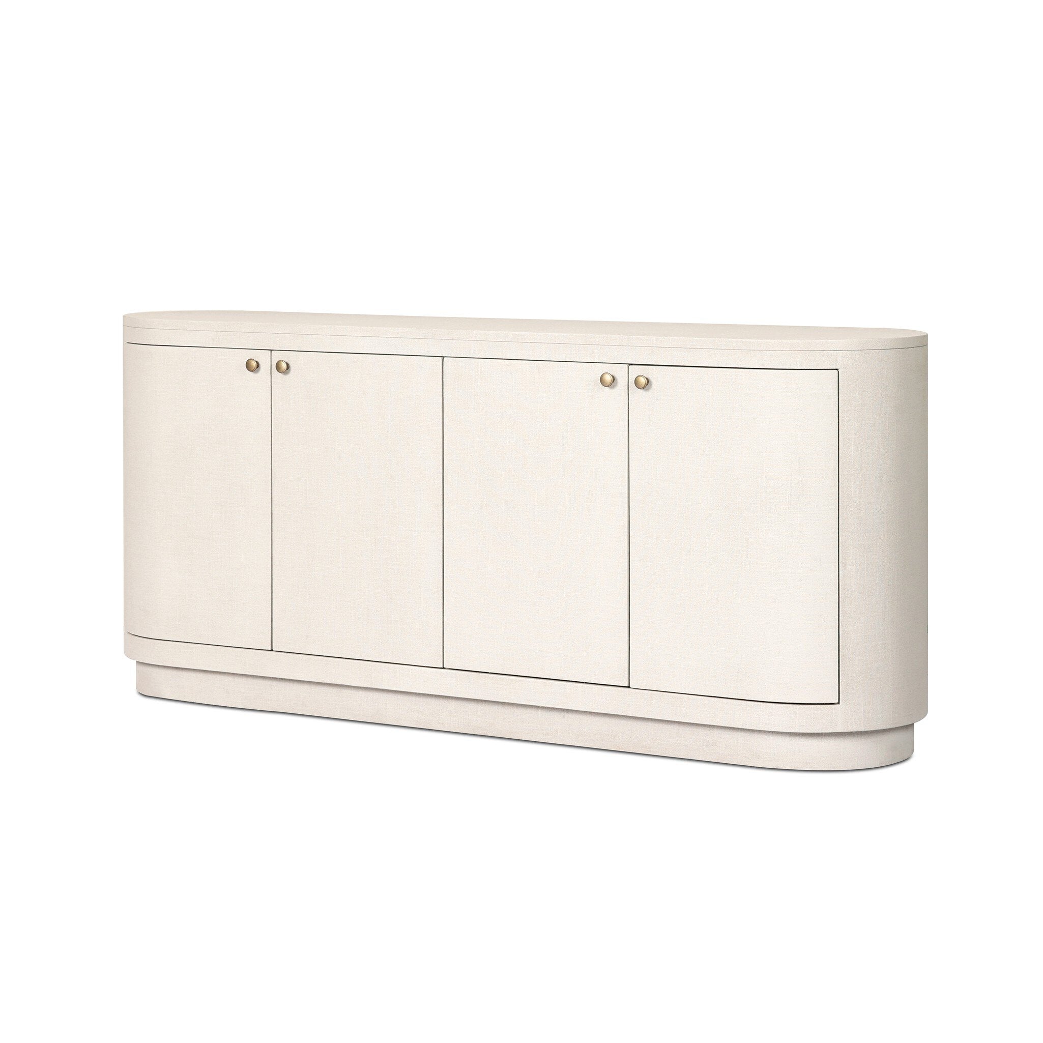 White oval shaped sideboard cabinet with four doors on a white background.