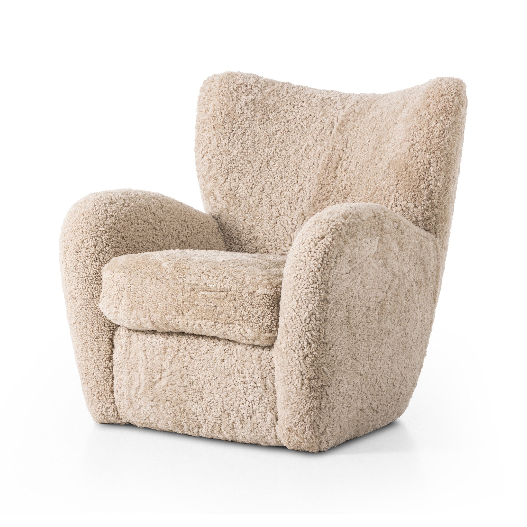 Natural beige shearling armchair on a white background.