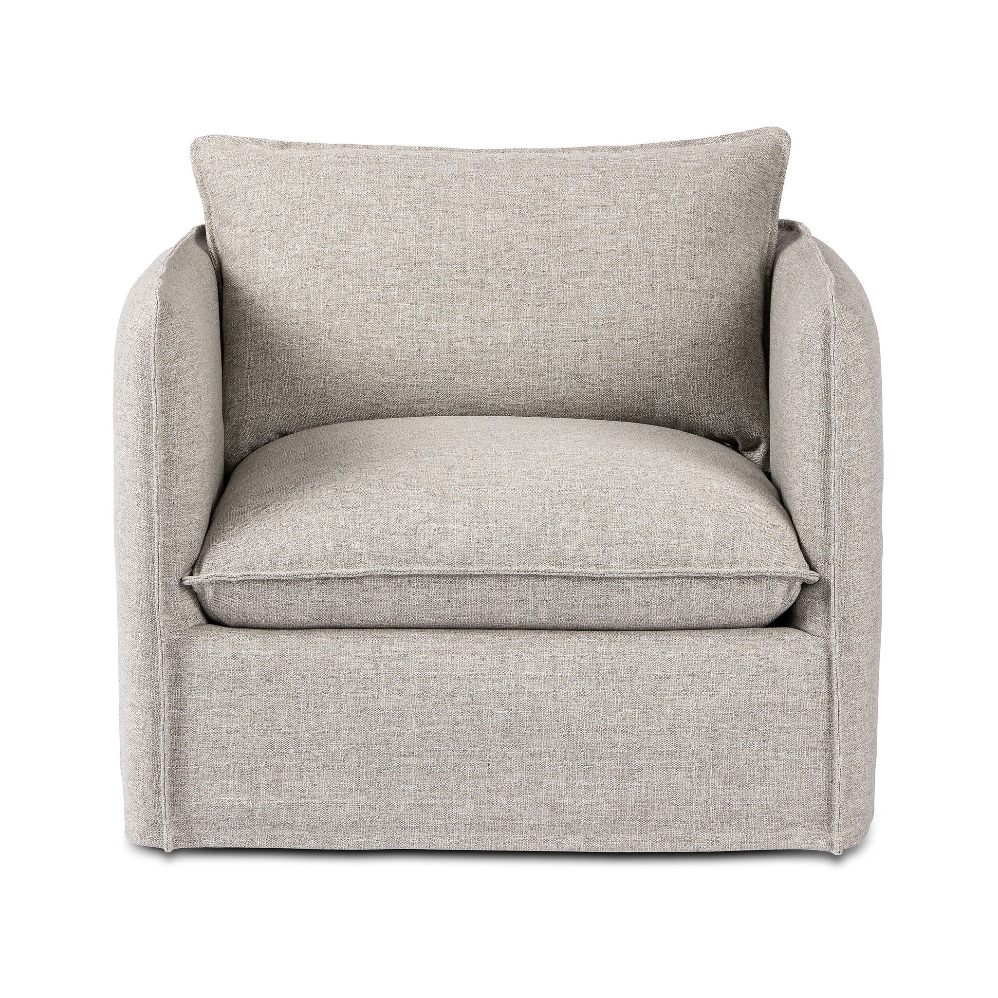 Neutral gray outdoor swivel armchair with a pillow on a white background. | Wildwood Home Co.