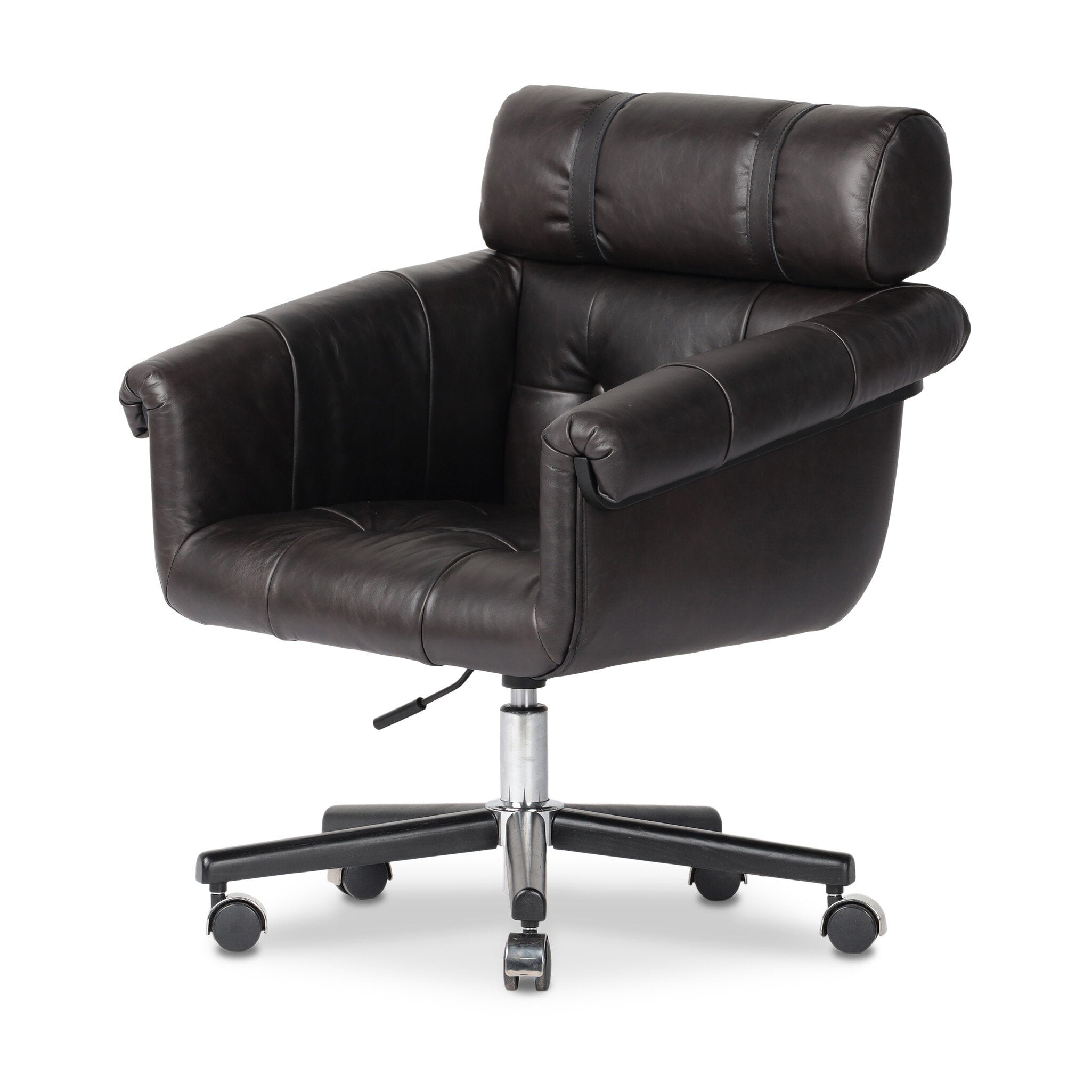 Tufted black leather desk chair with a chrome and black base on a white background.  | Wildwood Home Co.
