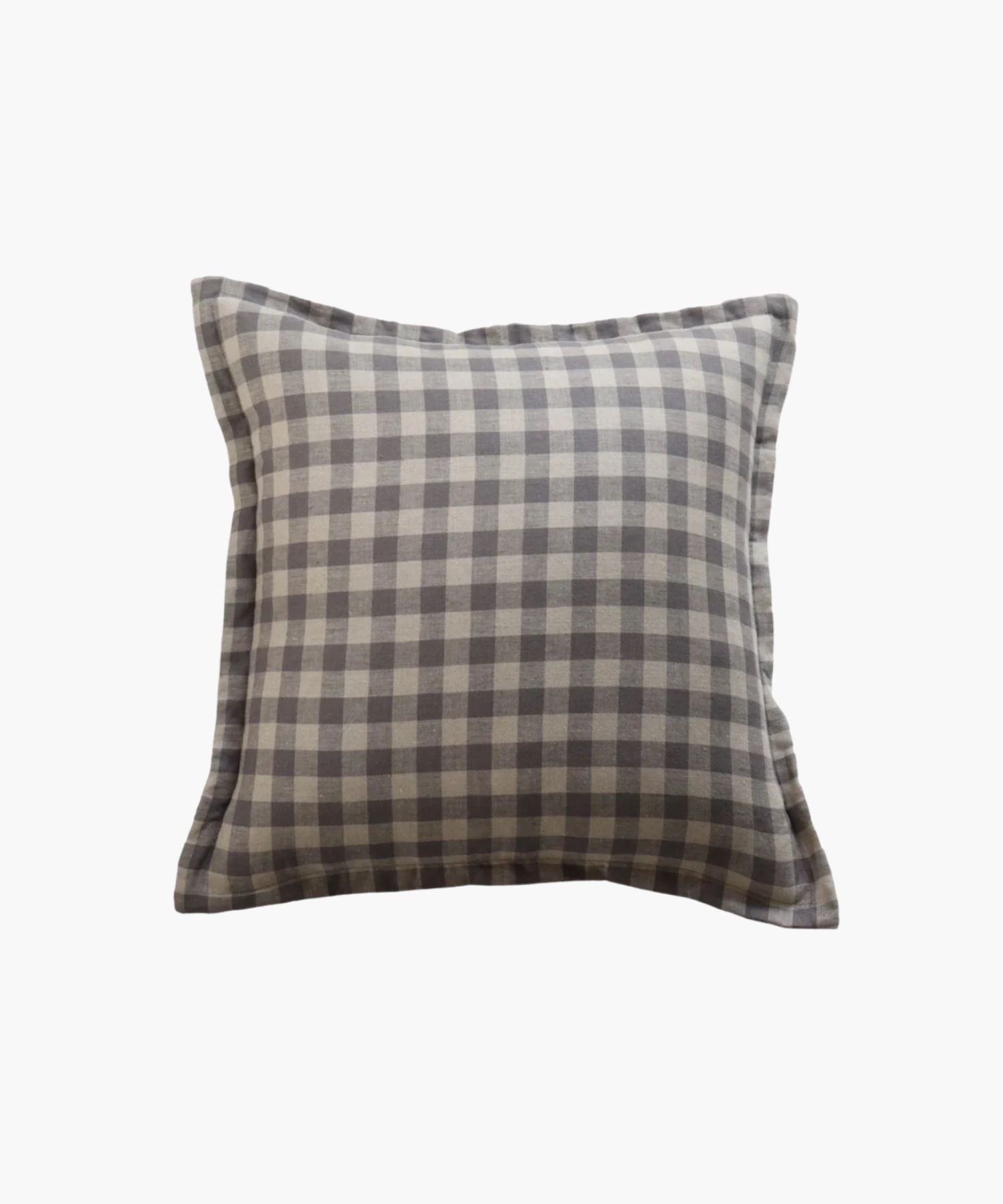 A square pillow cover features a blue gray gingham pattern on a natural fabric printed on both sides conveying a cozy and rustic feel. | Wildwood Home Co.