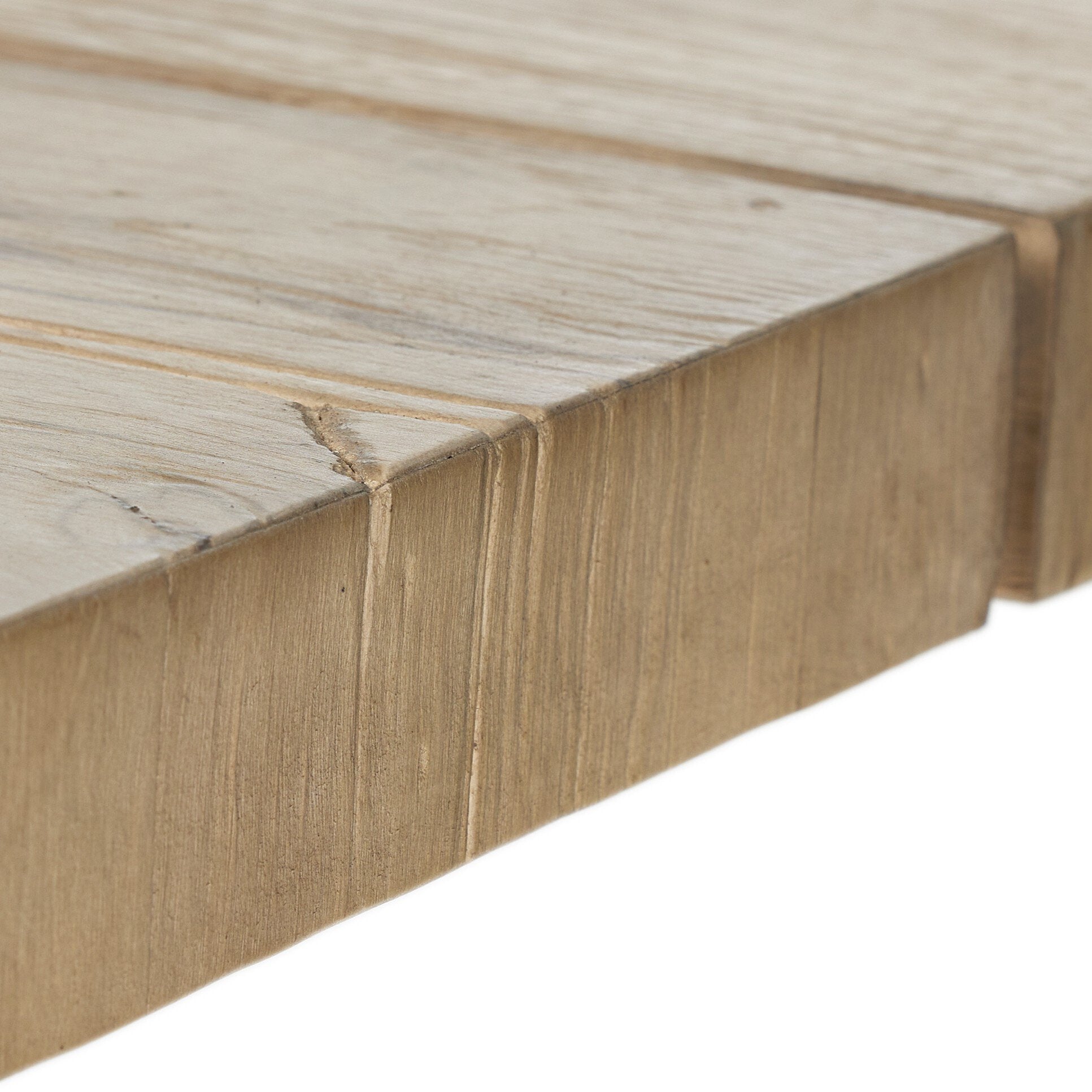Close up of a wooden console table with a minimalist design on a white background.