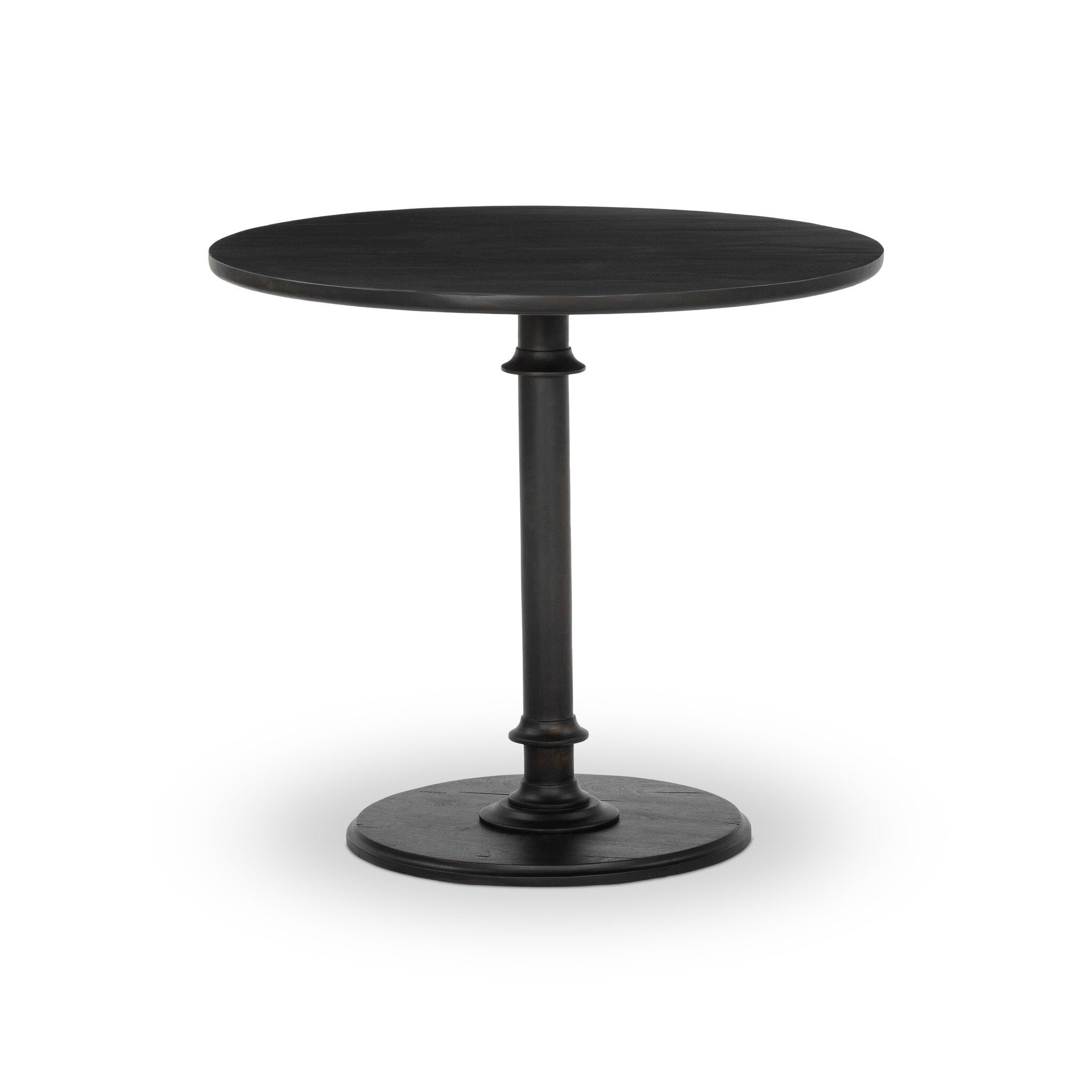 Black round end table with turn detailing on its pedestal base on a white background. | Wildwood Home Co.