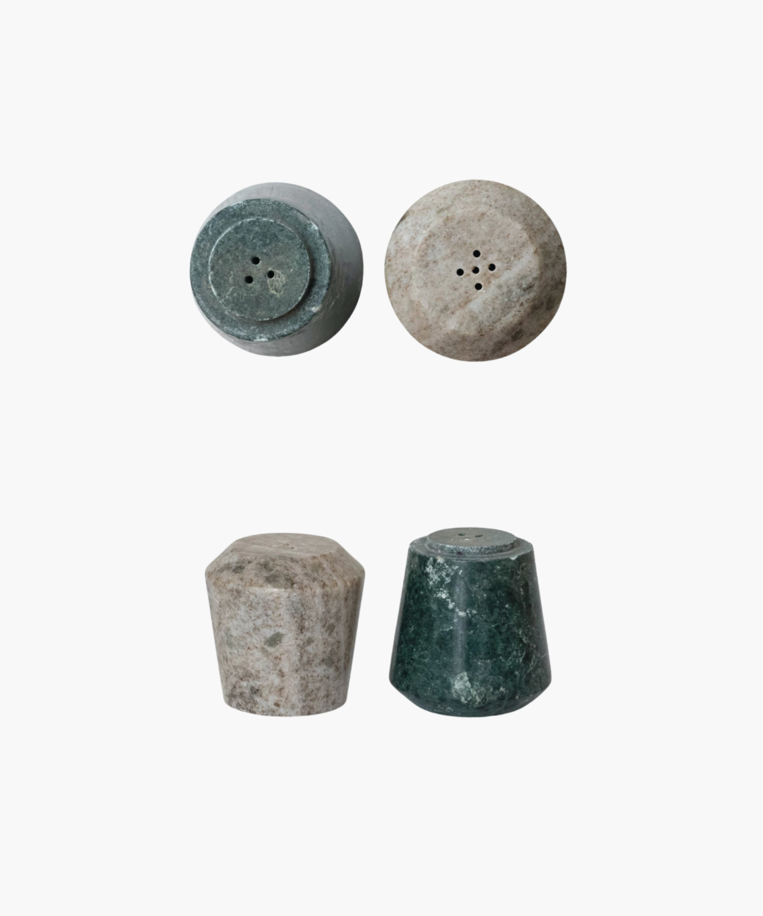 Top and Side View of A pair of stackable salt and pepper shakers made of green and buff colored marble. | Wildwood Home Co.