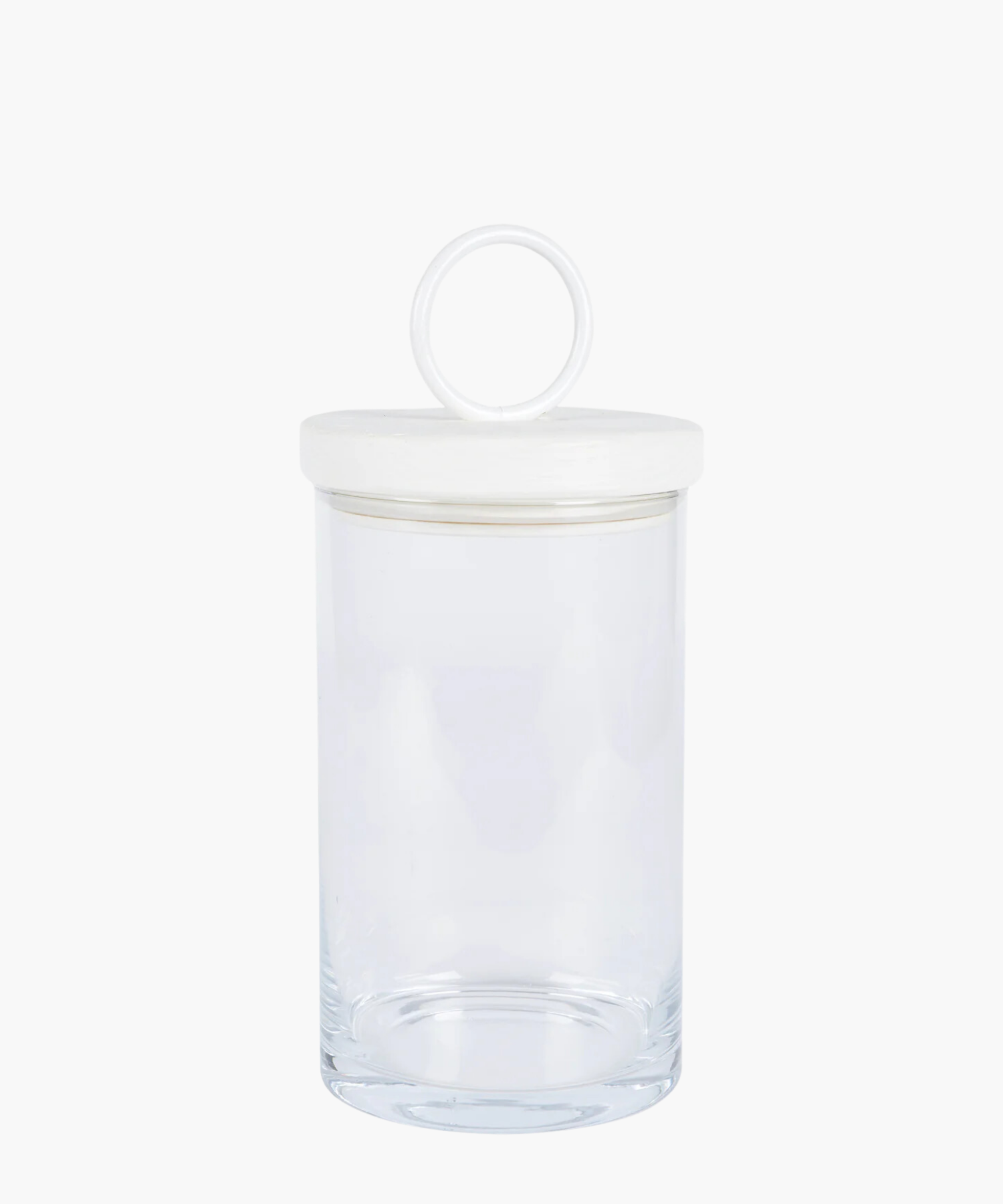 Clear glass jar with a round, white iron and reclaimed wood lid featuring a loop handle. The jar is empty, showcasing its clean and minimalist design. | Wildwood Home Co.