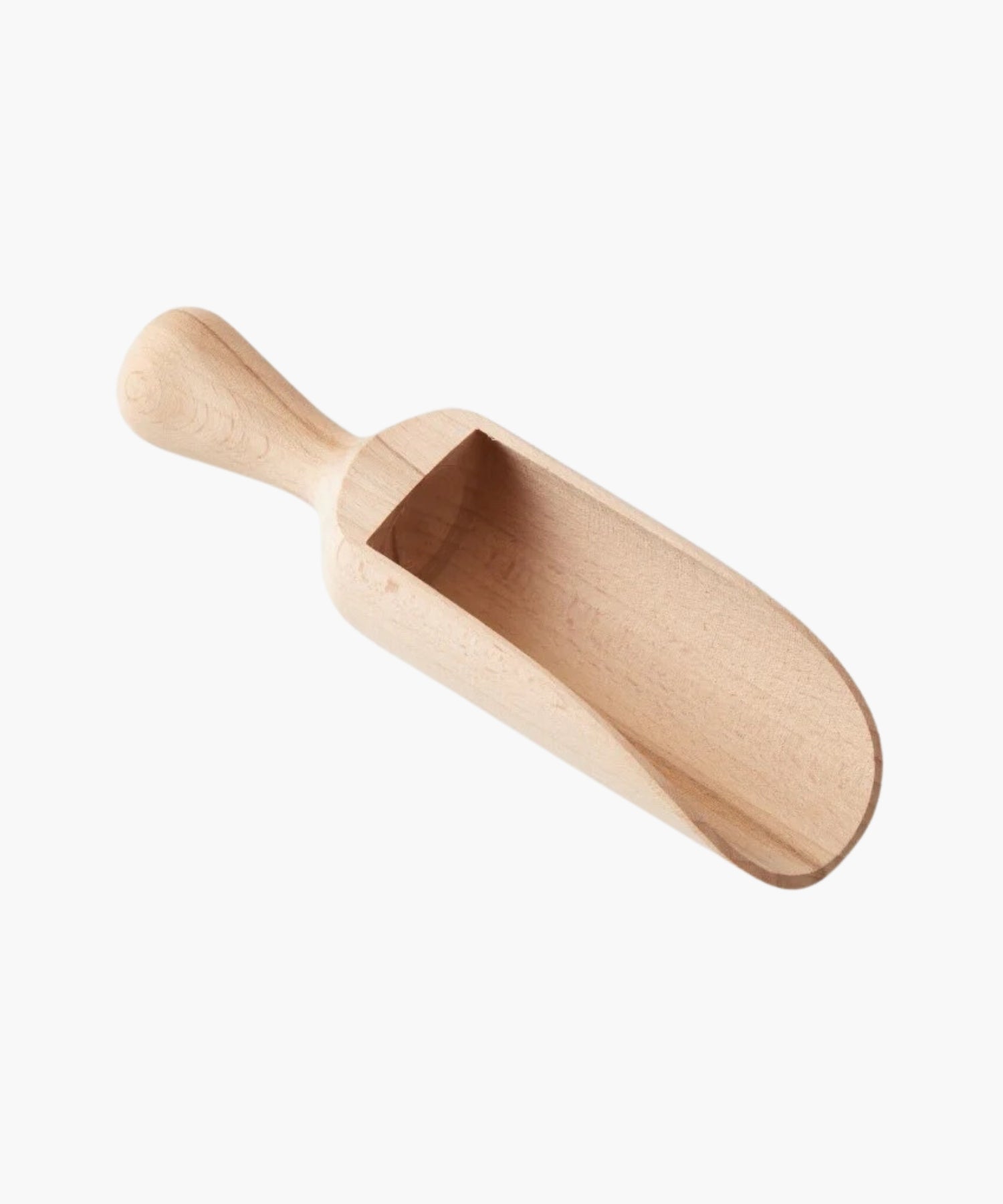 Beechwood scoop with a short handle and a broad, shallow bowl. The smooth, light-colored wood conveys a rustic, natural feel. | Wildwood Home Co.