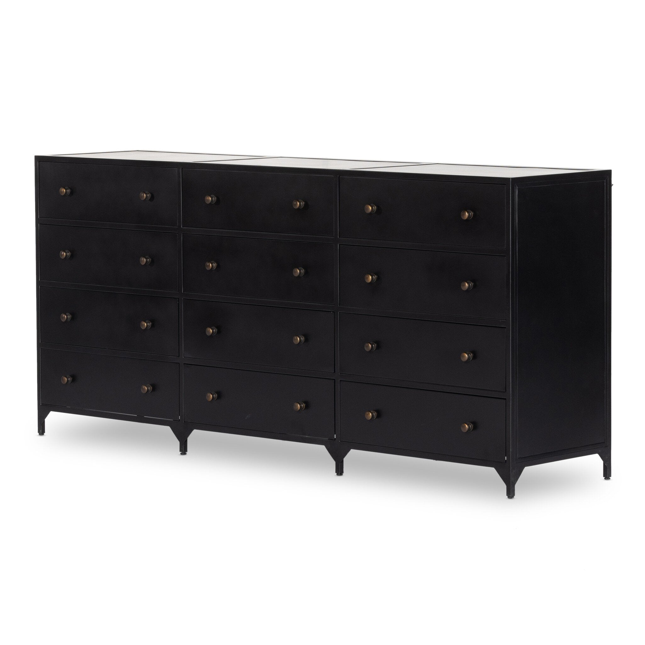 Black dresser with twelve drawers and bronze knobs on a white background.