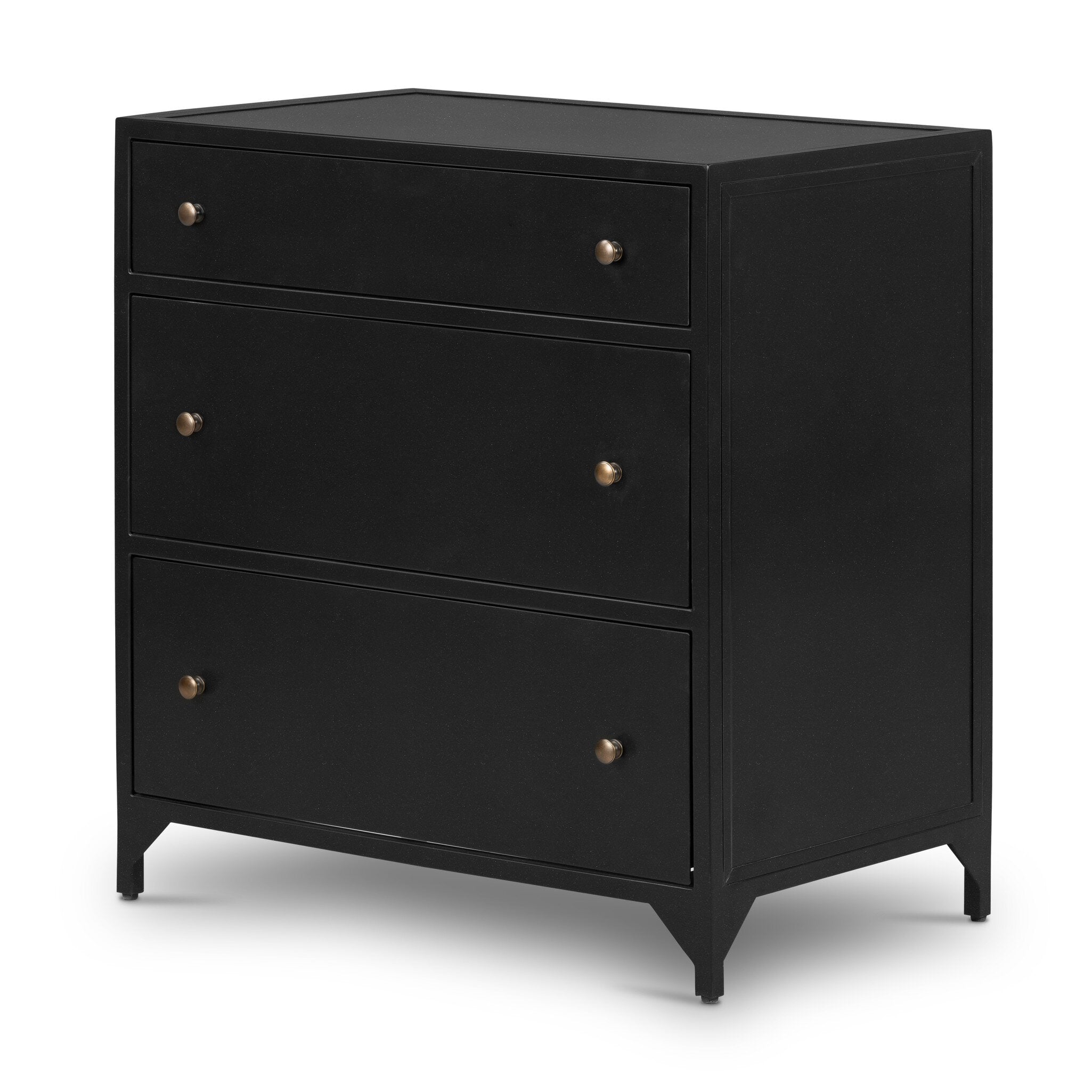 Black nightstand with three drawers and metallic knobs on a white background.