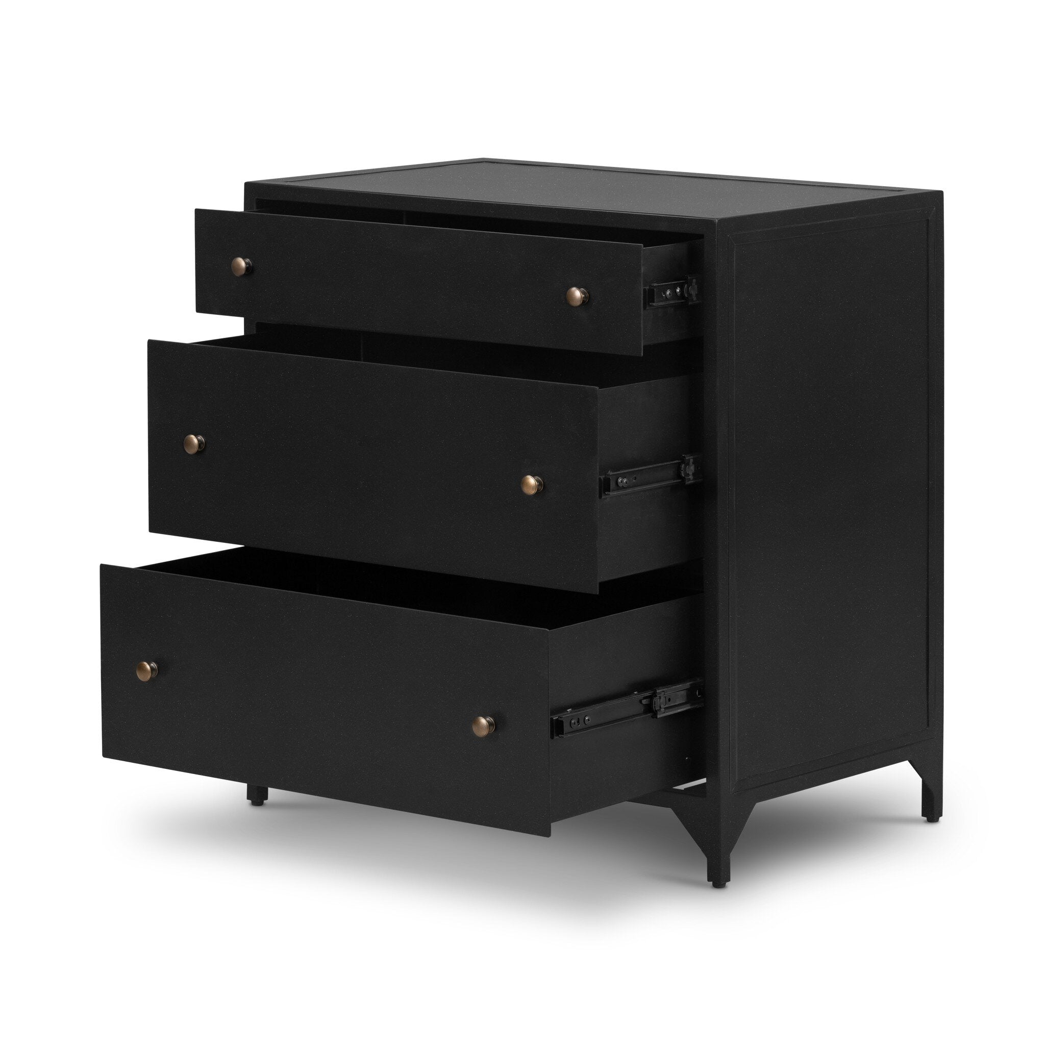 A black nightstand with three drawers and metallic knobs on a white background.