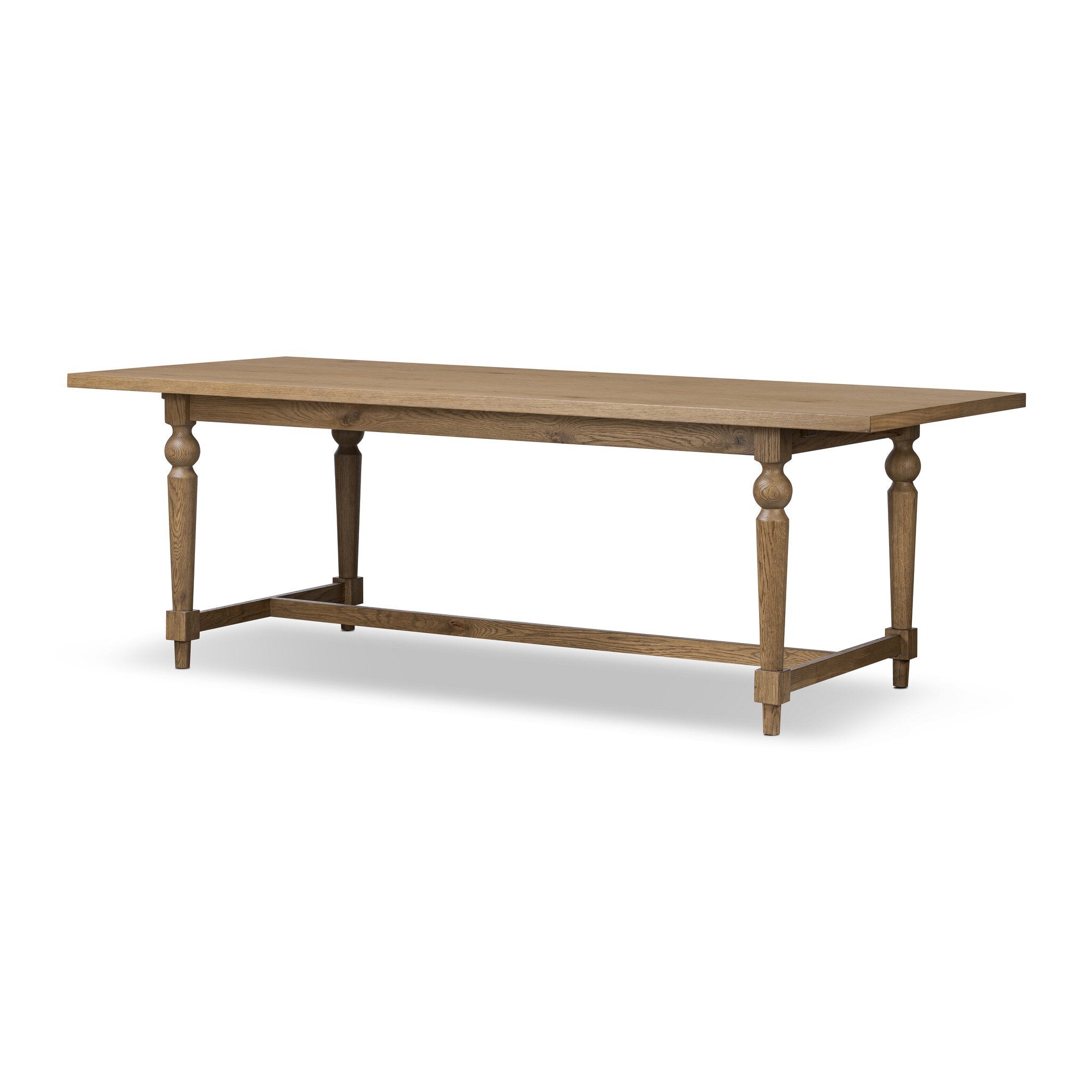 Rectangular wood dining table on a white background.