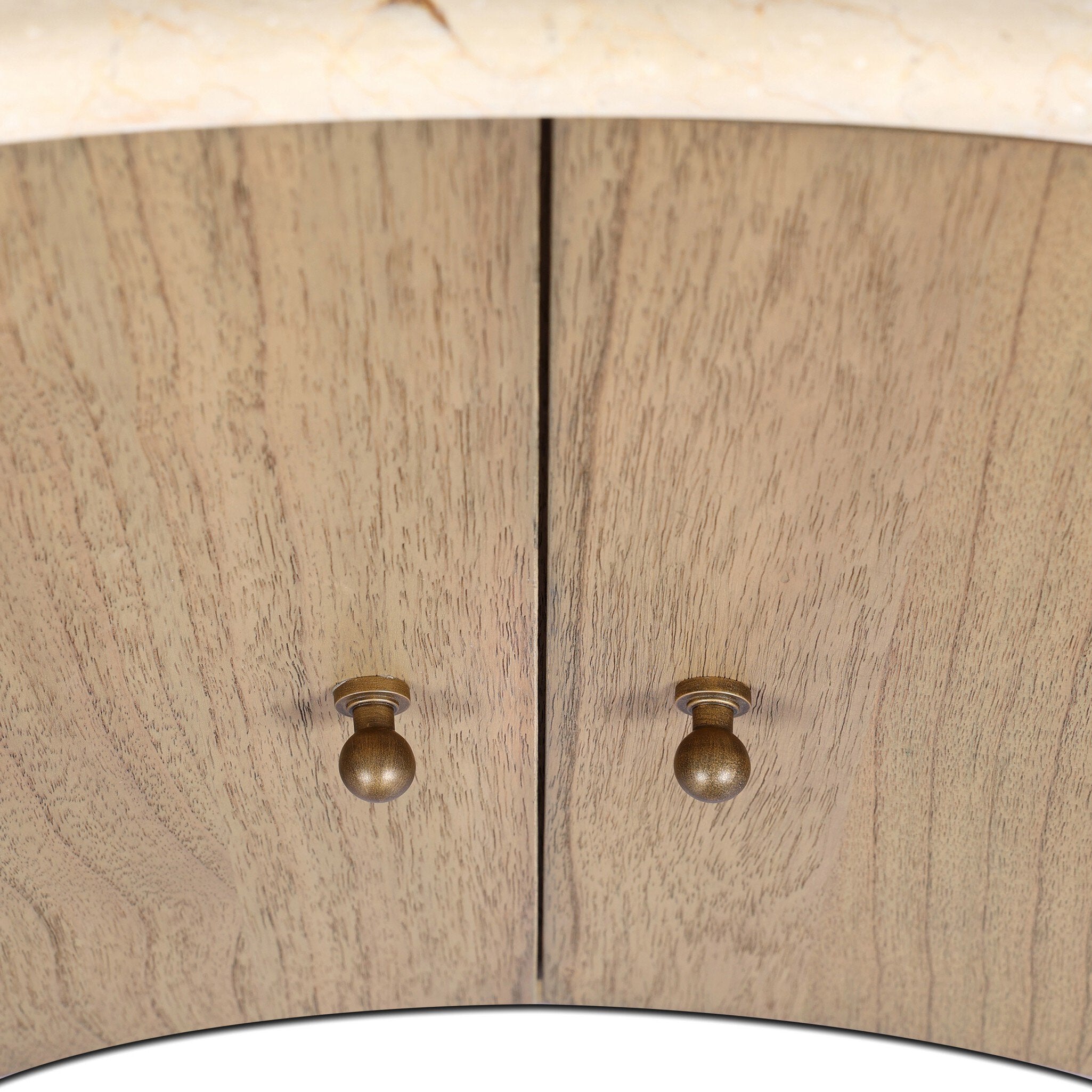 Close up of a wooden nightstand with two doors and a marble top on a white background.