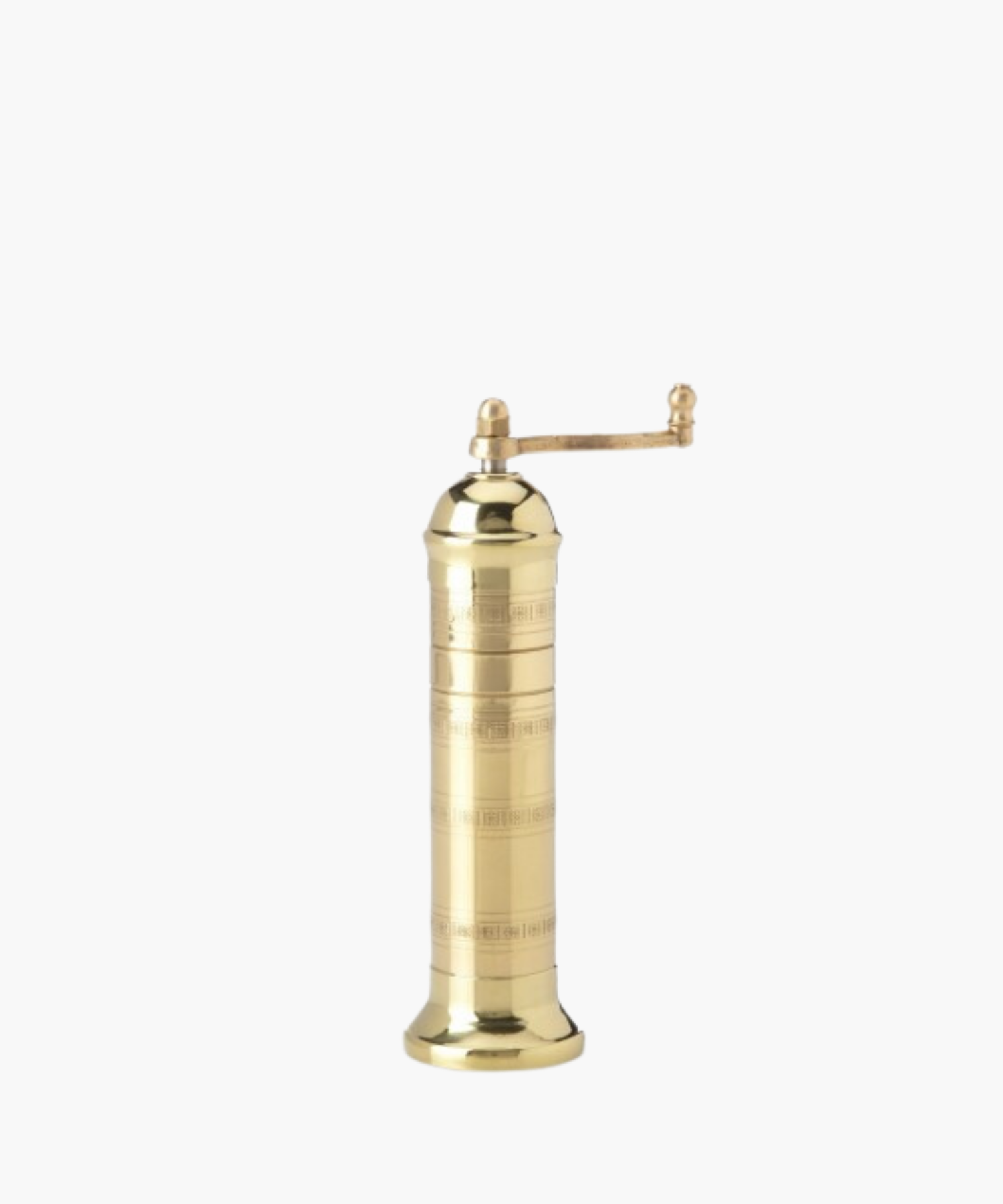A brass pepper mill with a sleek, cylindrical design and an ornate handle on top. The polished surface gives a shiny, elegant, and vintage feel. | Wildwood Home Co.