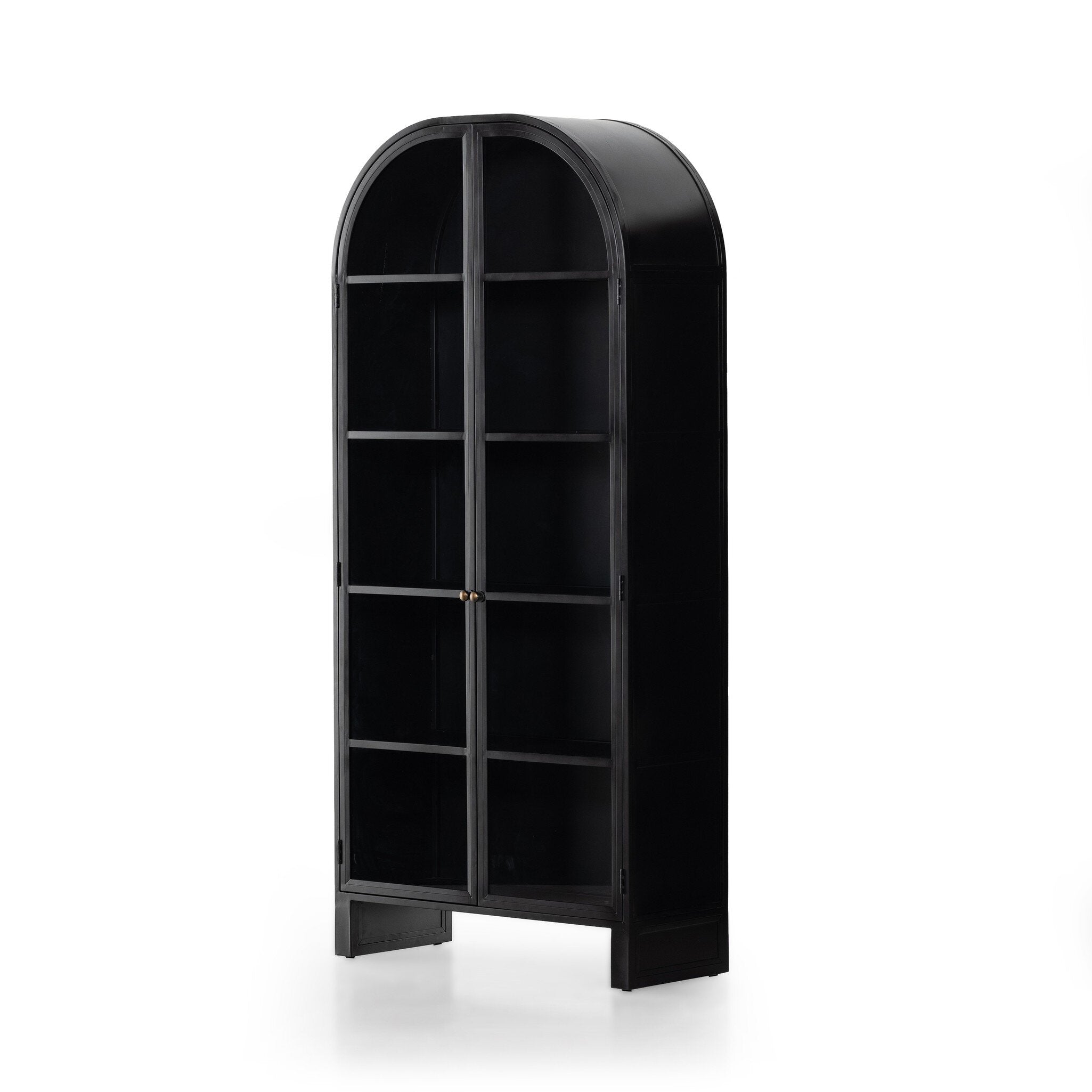 Black-finished iron arched cabinet with glass front doors on a white background.