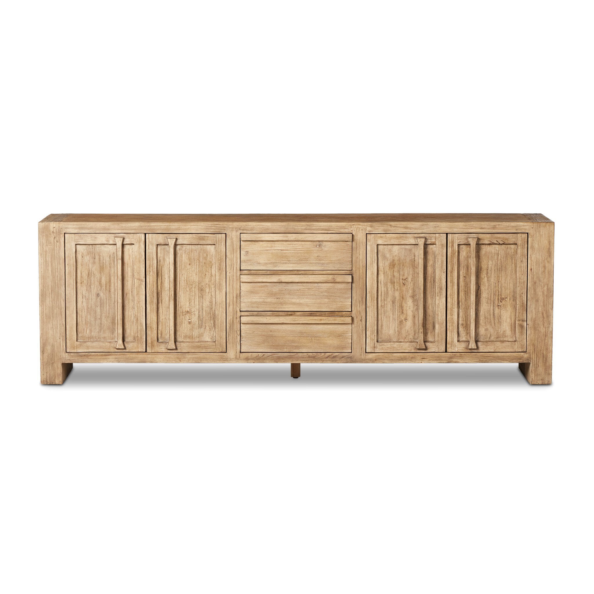 Wooden sideboard with four doors and three drawers in the center on a white background. | Wildwood Home Co.