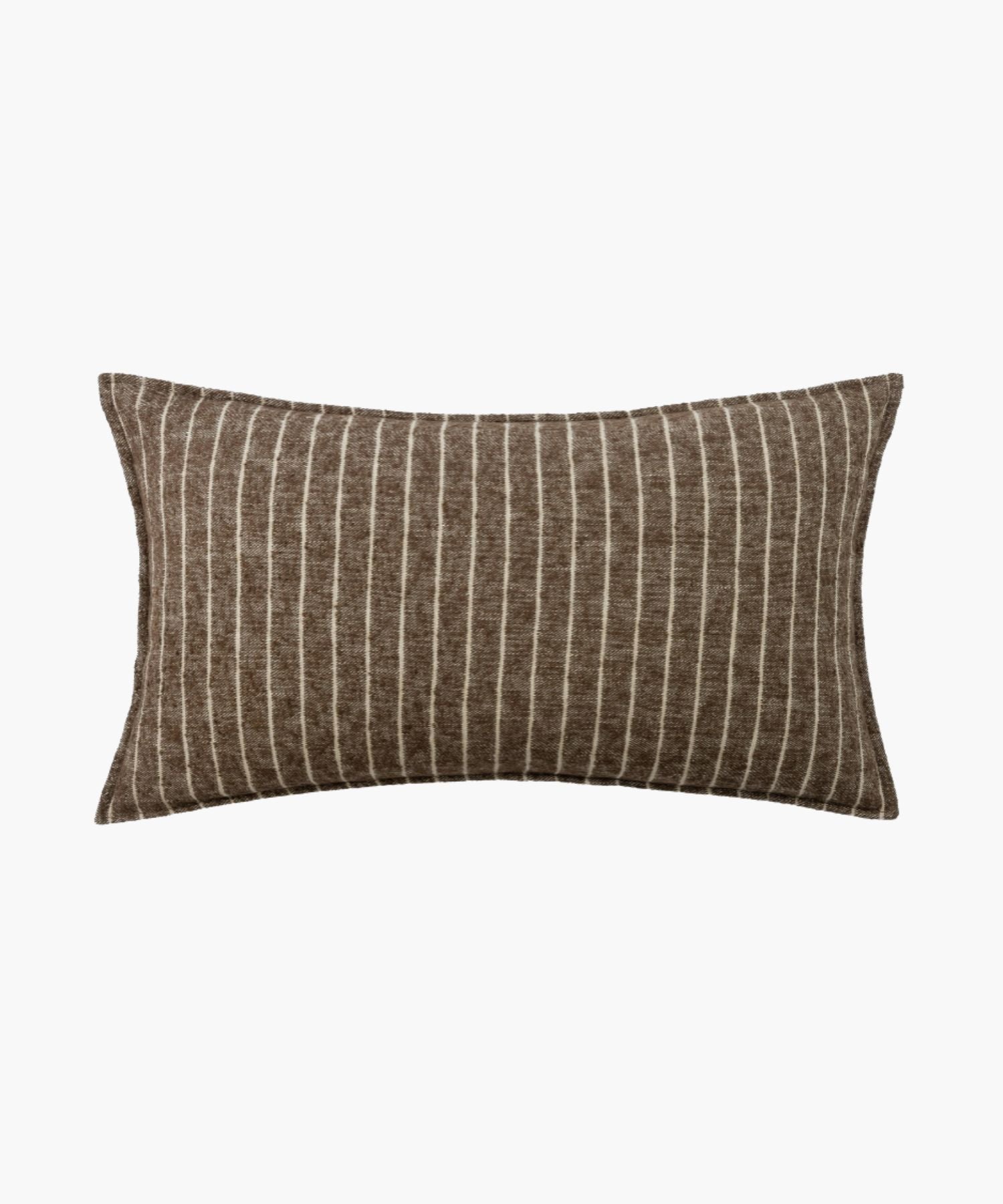 Front-facing view of the Bruno Sham in brown pinstripe, highlighting the clean knife edge and dense boucle weave.