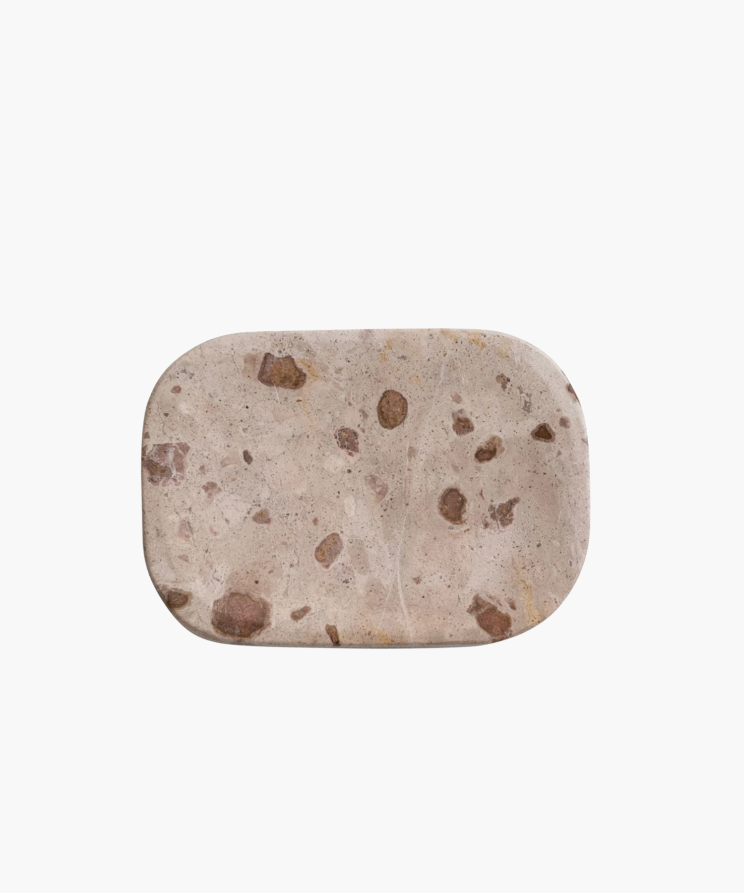 Rectangular marble soap dish with rounded edges, featuring a speckled cream and brown terrazzo pattern. The surface is smooth and matte.
