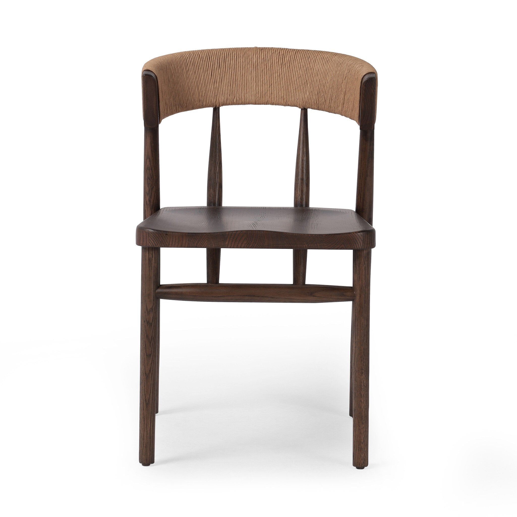Solid oak dining chair with tapered legs and a woven backrest on a white background. | Wildwood Home Co.
