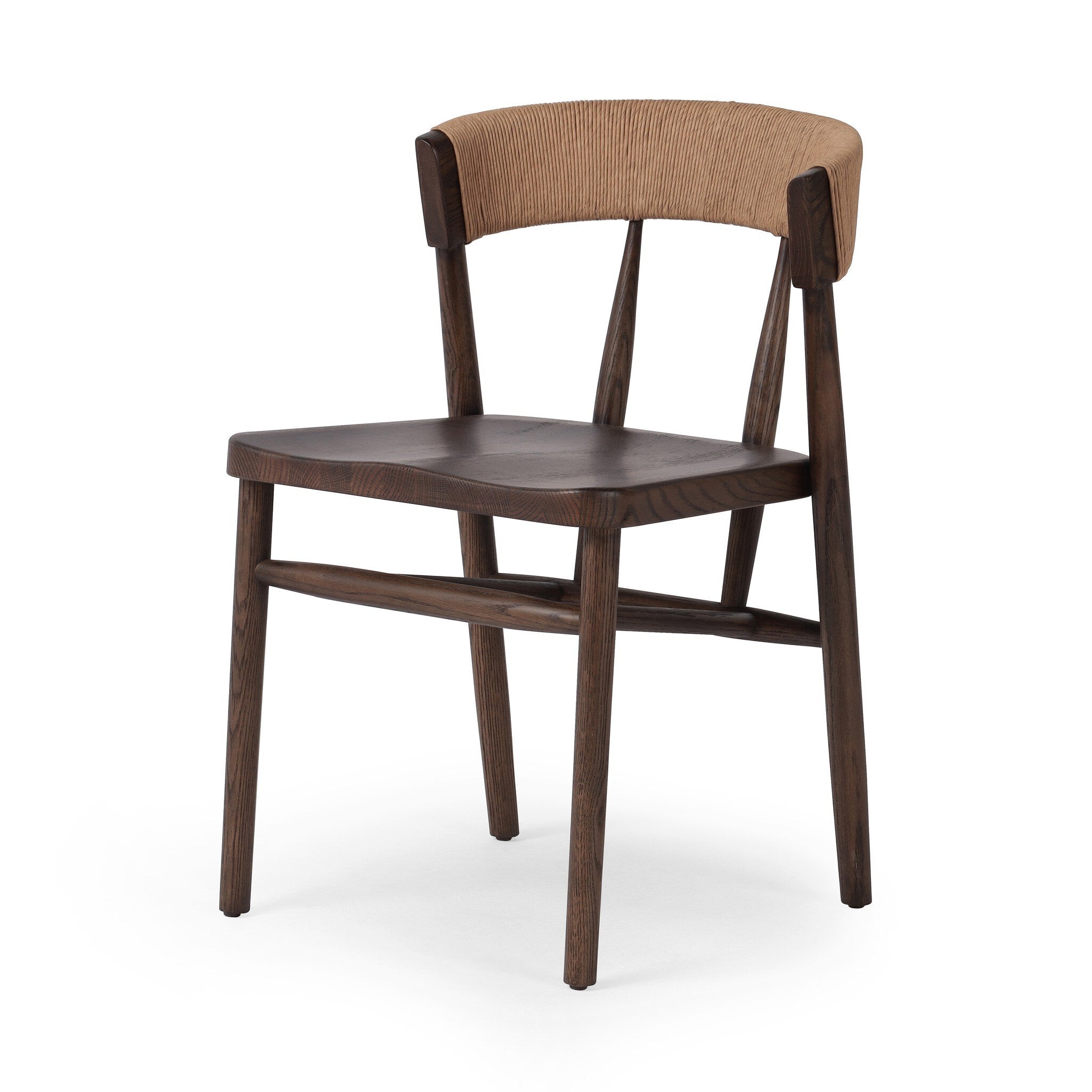 Solid oak dining chair with tapered legs and a woven backrest on a white background.
