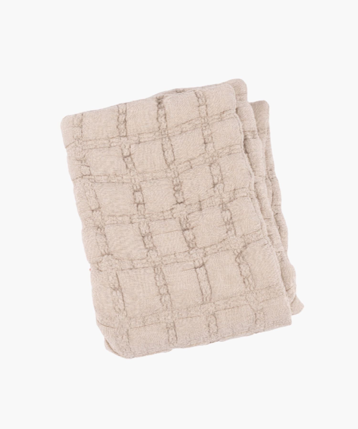 Folded view of a beige quilt with a soft, puffed grid texture and subtle stitched detailing.