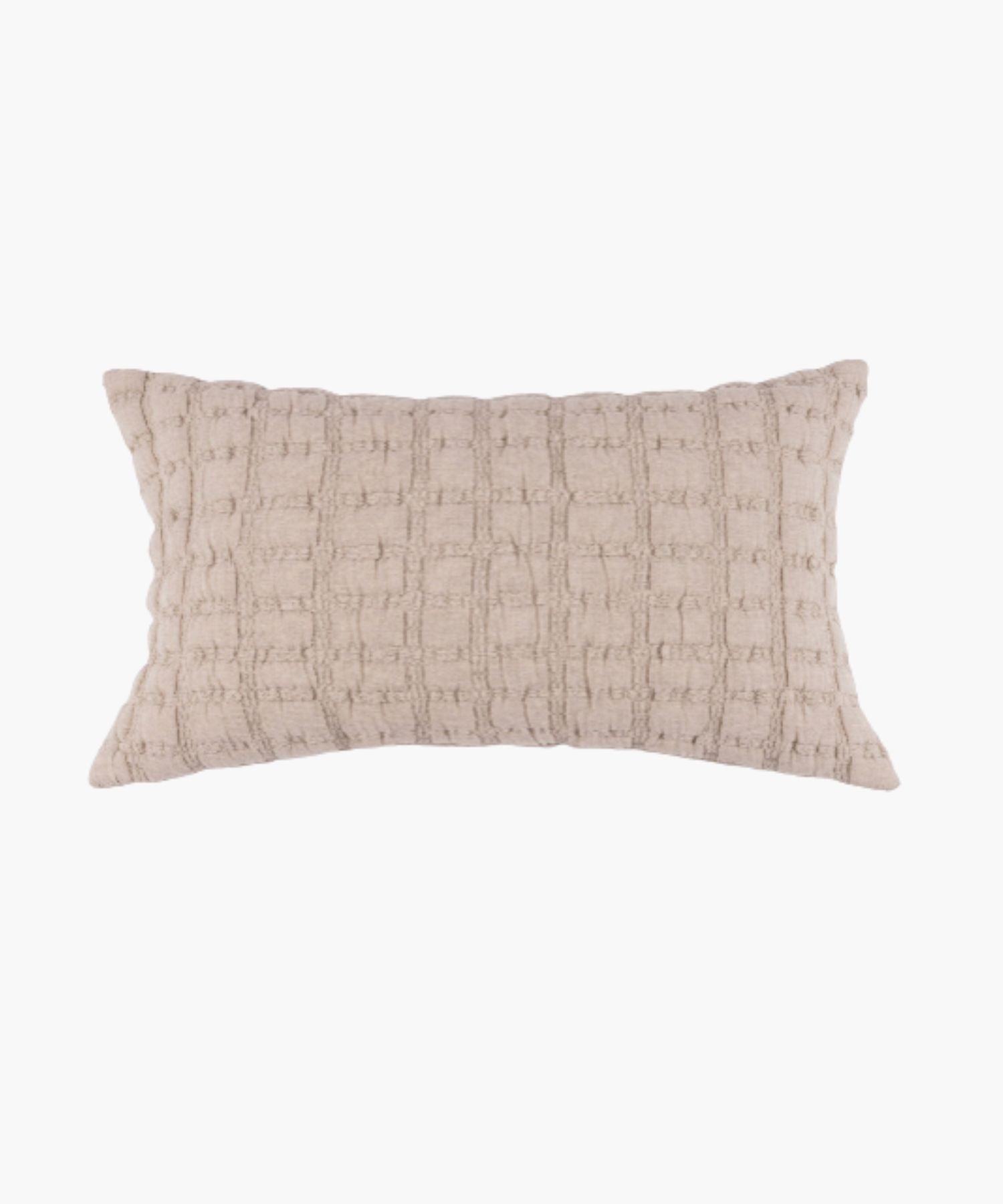 Rectangular beige sham with a puffed grid texture and stitched detail, styled against a white backdrop.