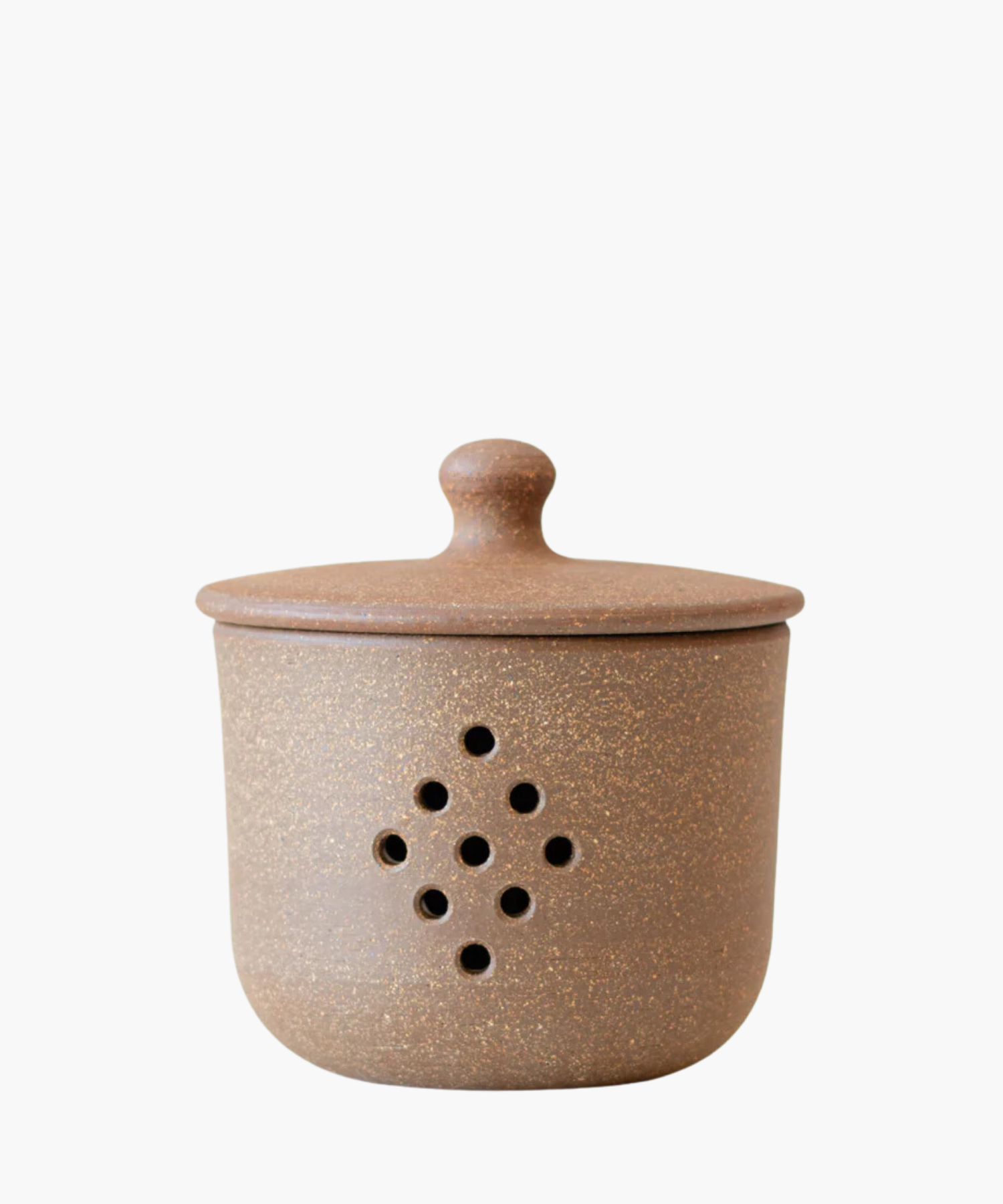 A round, speckled brown pottery garlic keeper with a fitted lid, featuring nine ventilation holes in a diamond pattern. The tone is rustic and earthy. | Wildwood Home Co.