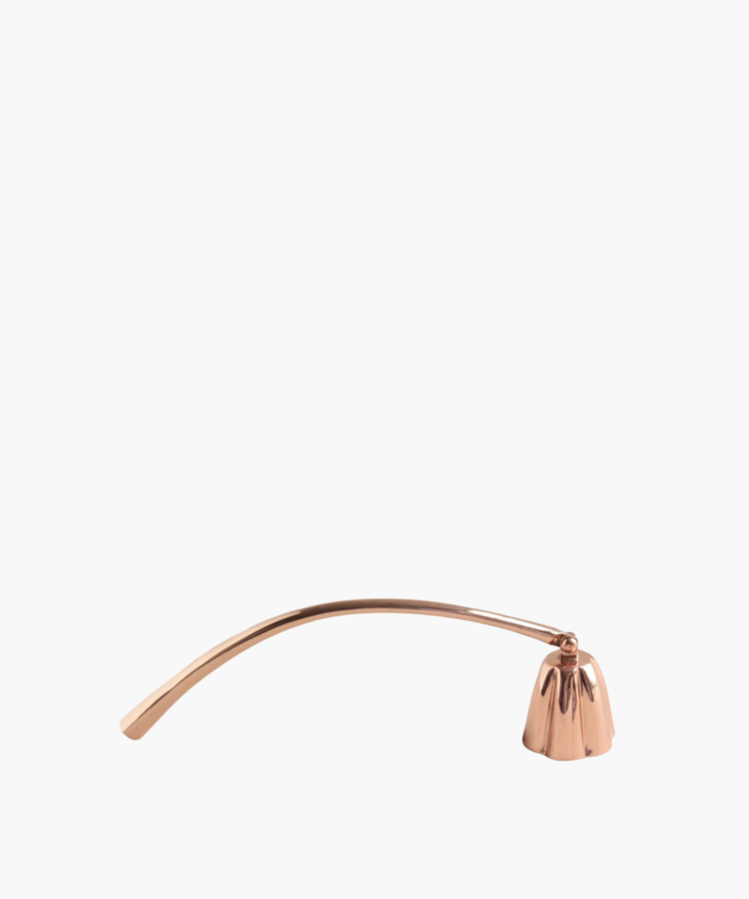 A solid copper candle snuffer with a rotating handle and bell-shaped cup, isolated on a white background.